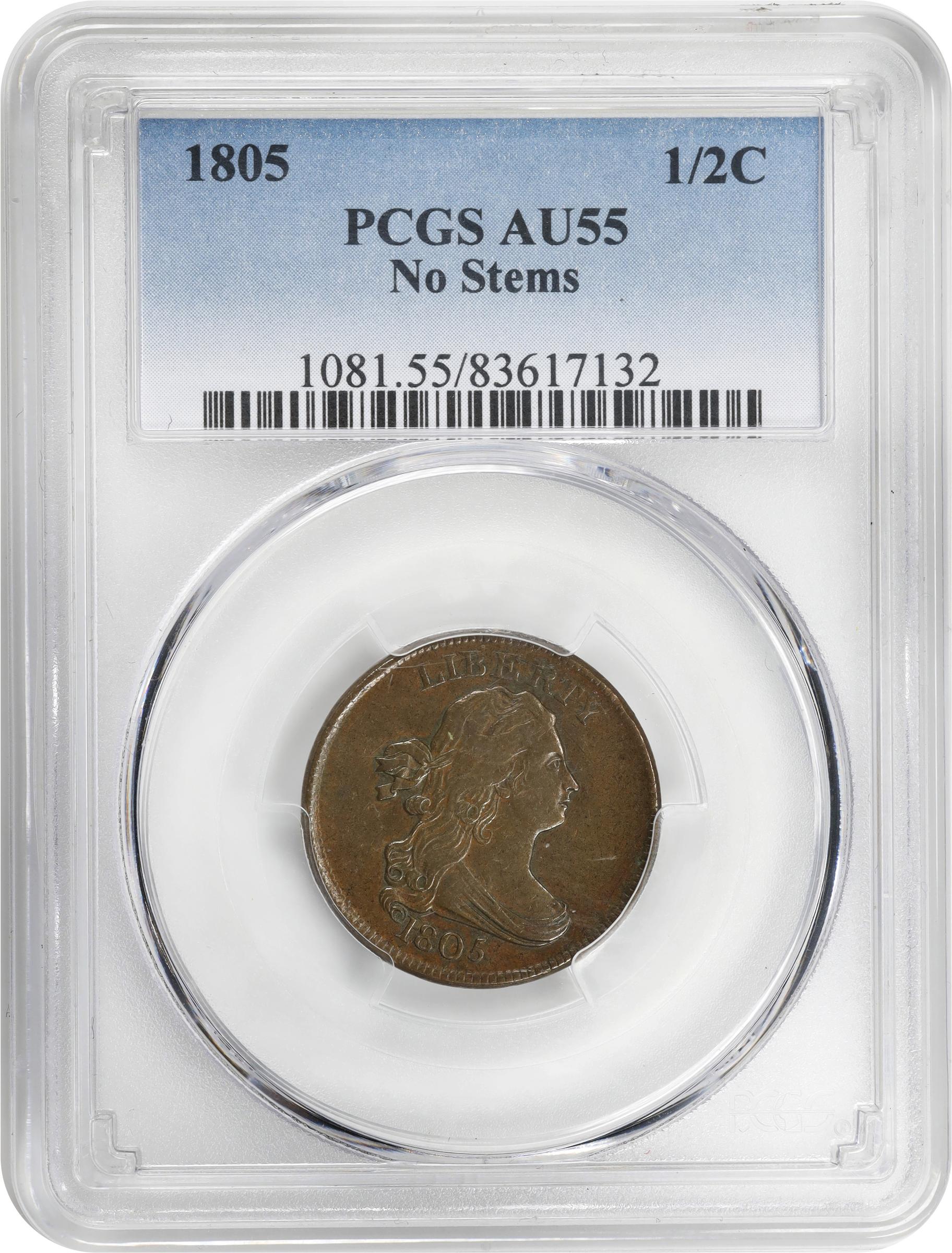 1805 1/2c Small 5, No Stems MS BN AU55 BN thumbnail 3