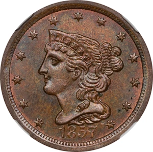 image for: 1857 Braided Hair Half Cent. C-1. Rarity-2. MS-63 BN (NGC). CAC.