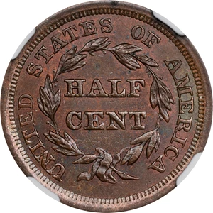 image for: 1857 Braided Hair Half Cent. C-1. Rarity-2. MS-63 BN (NGC). CAC.