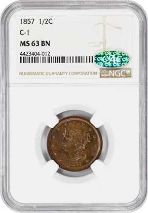 image for: 1857 Braided Hair Half Cent. C-1. Rarity-2. MS-63 BN (NGC). CAC.