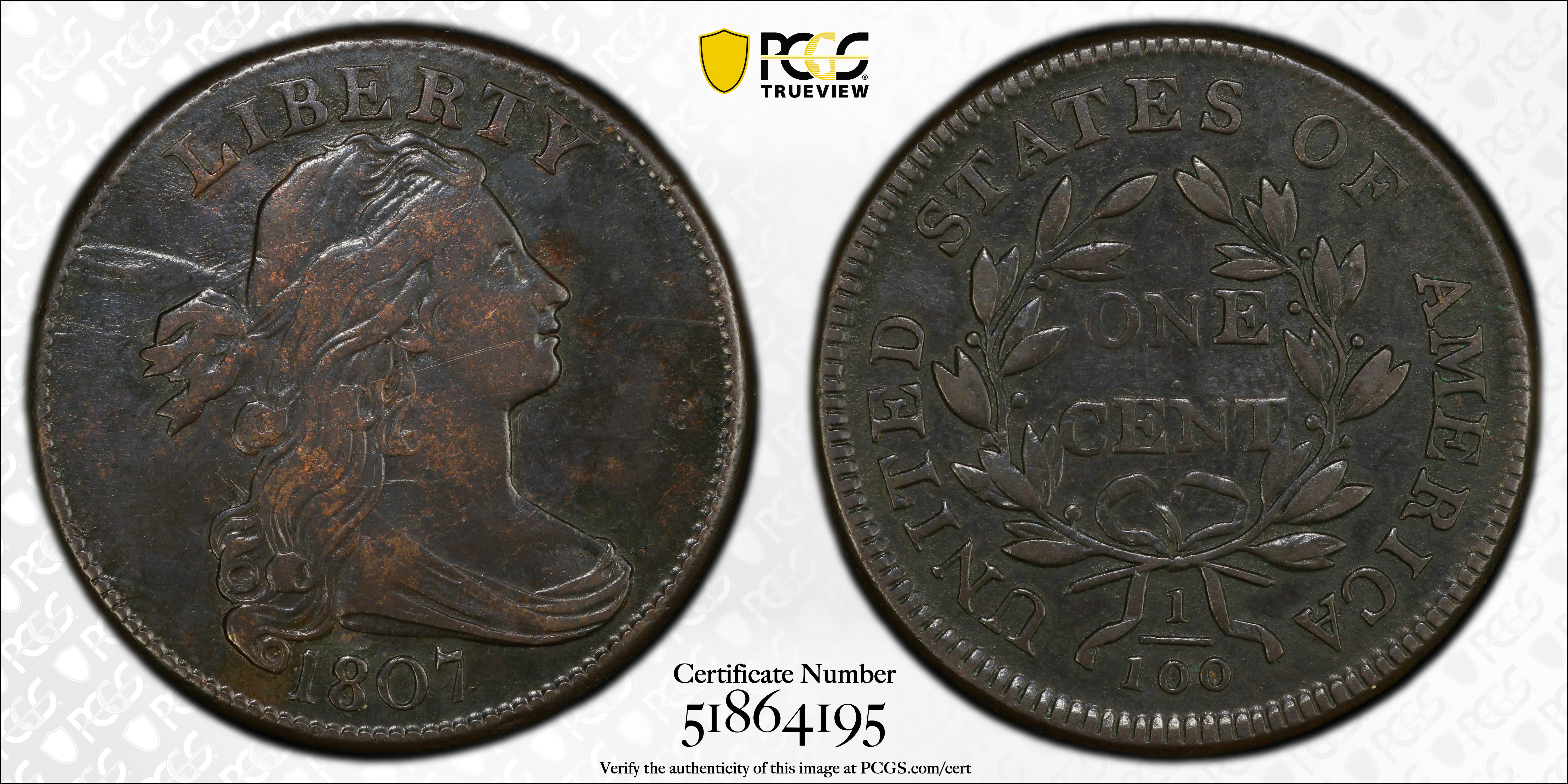 image for: 1807 Draped Bust Cent. S-271, B-1. Rarity-1. Comet Variety. EF Details--Corrosion Removed (PCGS).