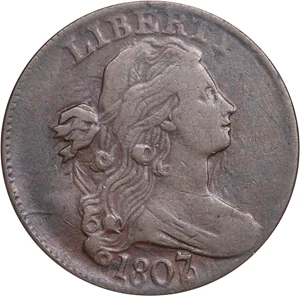 image for: 1807/6 Draped Bust Cent. S-273, B-3. Rarity-1. Large 7, Pointed 1. VF-30 BN (NGC).