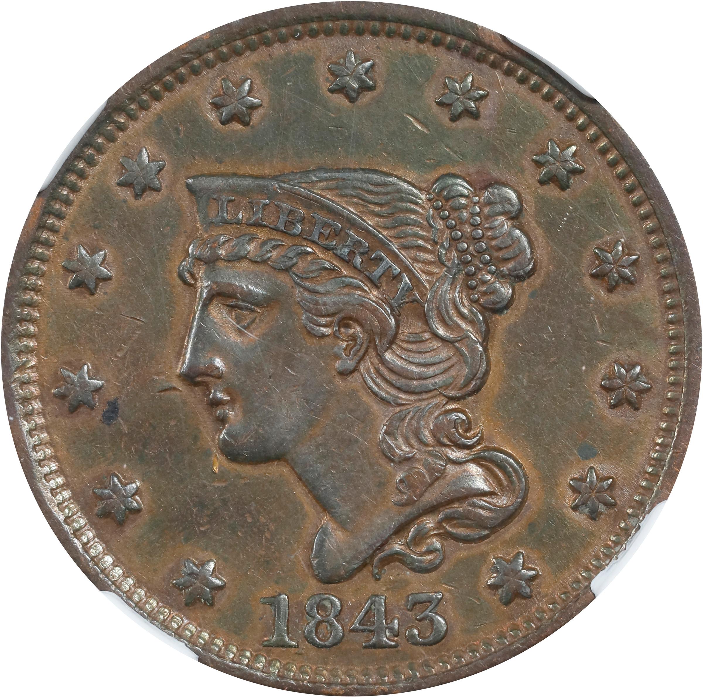 image for: 1843 Braided Hair Cent. N-2, 7. Rarity-1. Petite Head, Small Letters. AU-53 BN (NGC).