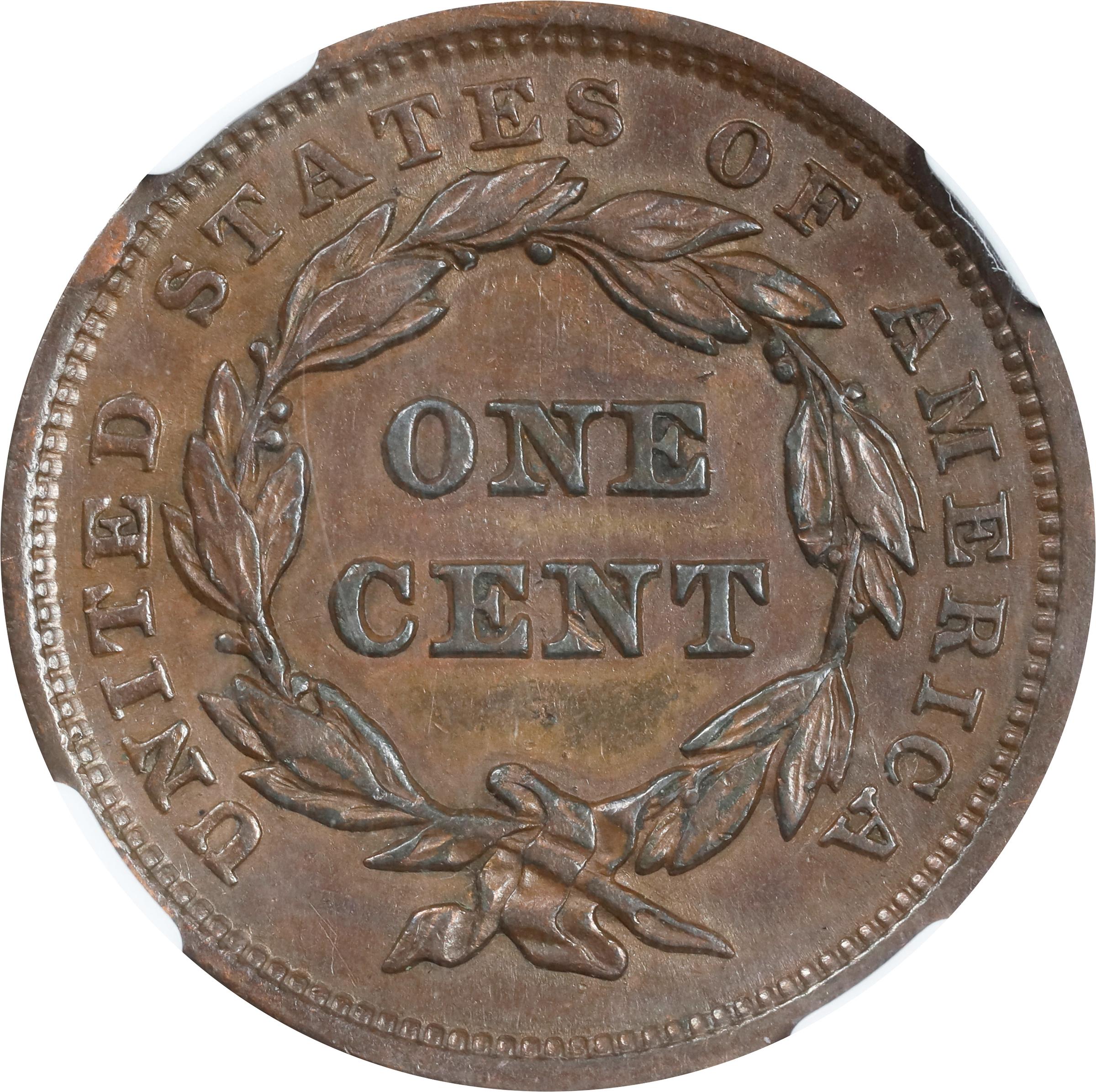 image for: 1843 Braided Hair Cent. N-2, 7. Rarity-1. Petite Head, Small Letters. AU-53 BN (NGC).