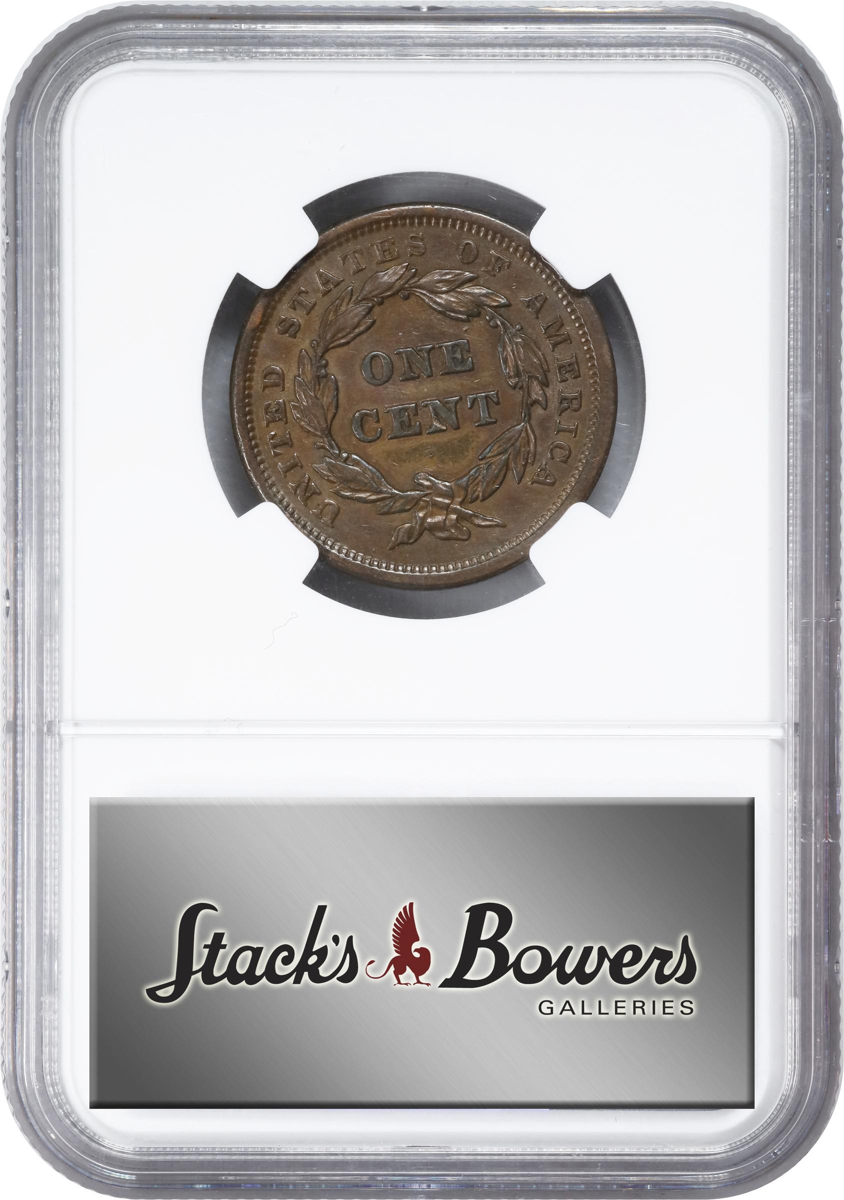 image for: 1843 Braided Hair Cent. N-2, 7. Rarity-1. Petite Head, Small Letters. AU-53 BN (NGC).