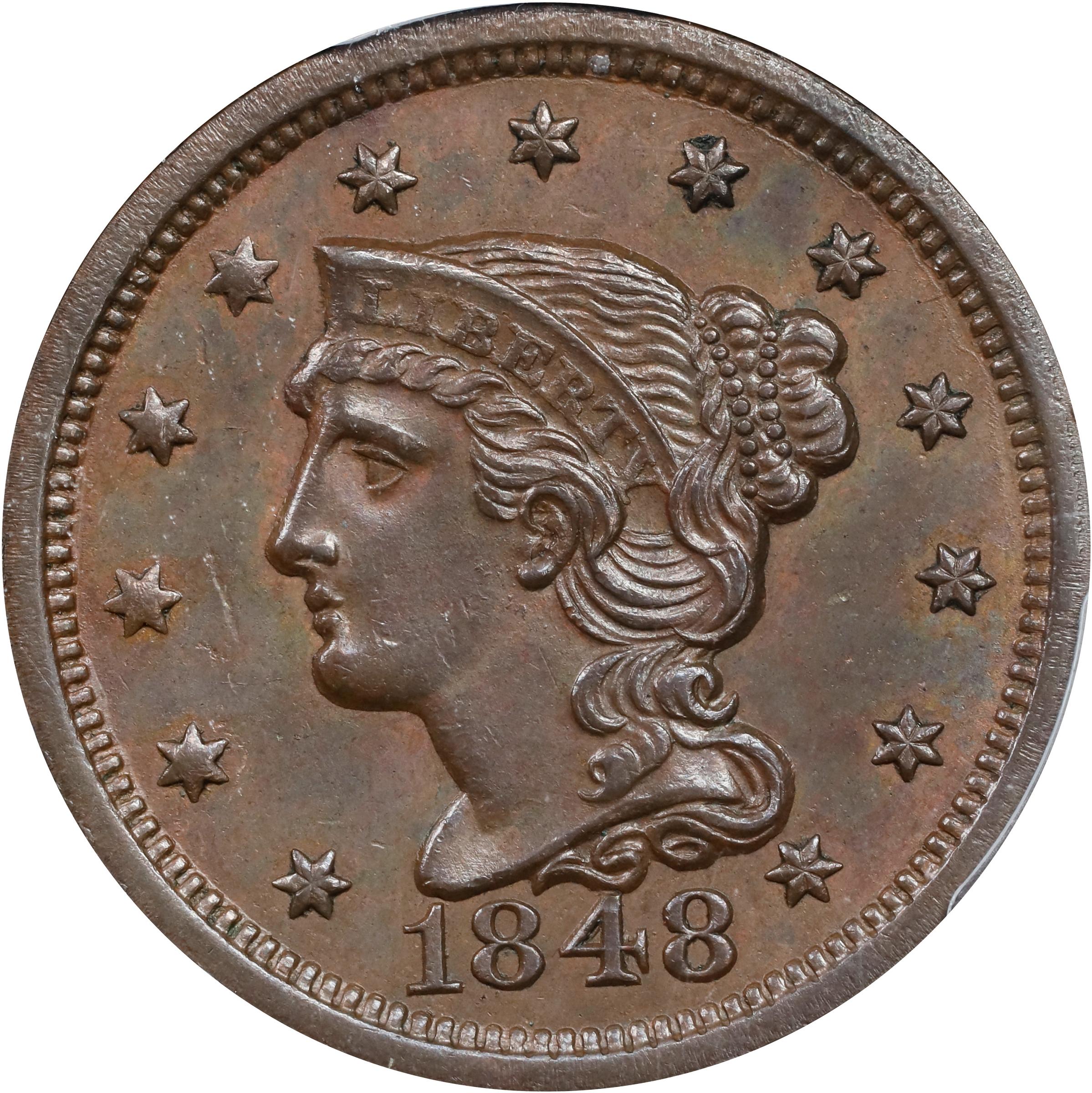 image for: 1848 Braided Hair Cent. N-1. Rarity-1. AU-58 (PCGS). CAC.