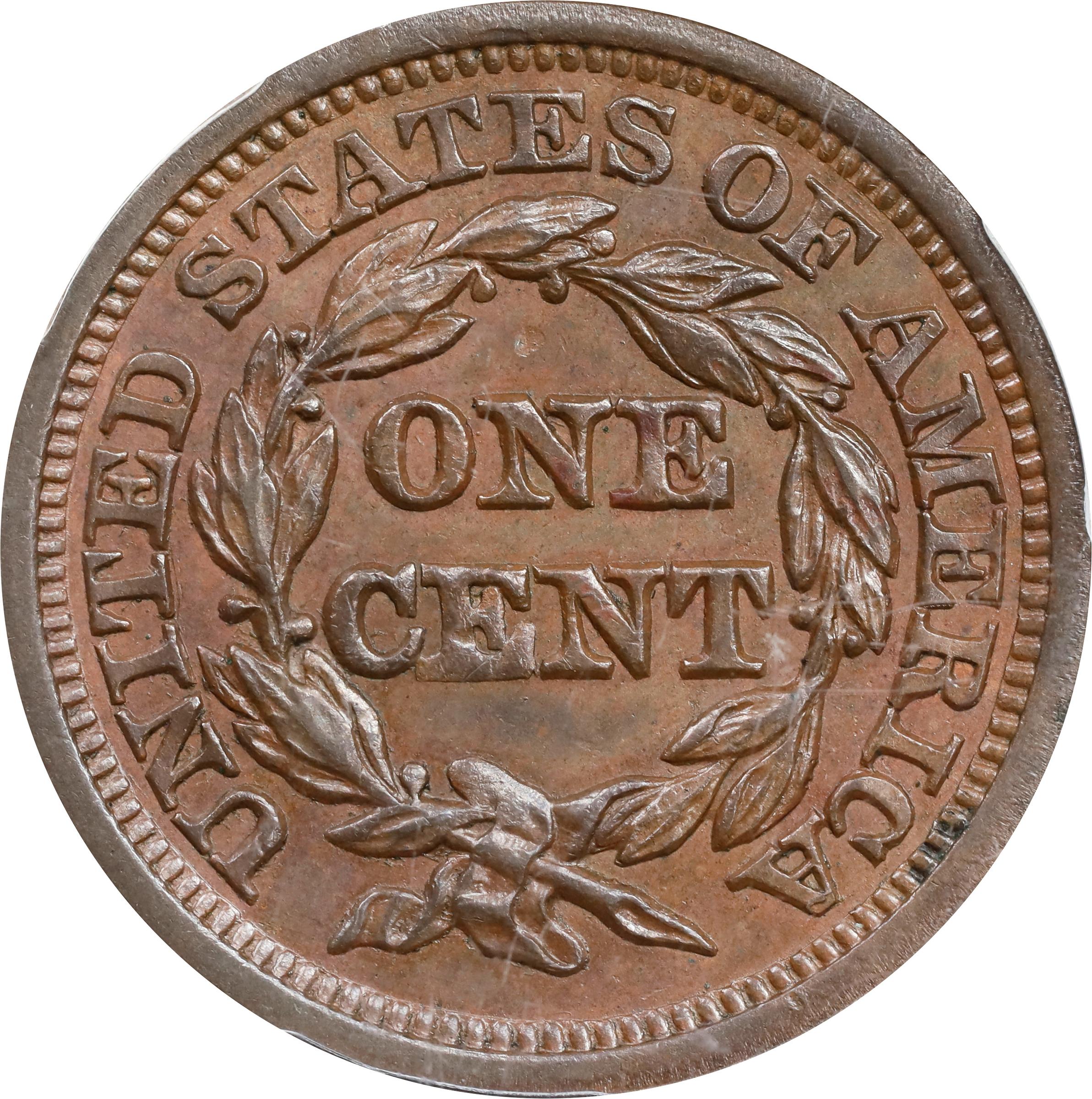 image for: 1848 Braided Hair Cent. N-1. Rarity-1. AU-58 (PCGS). CAC.