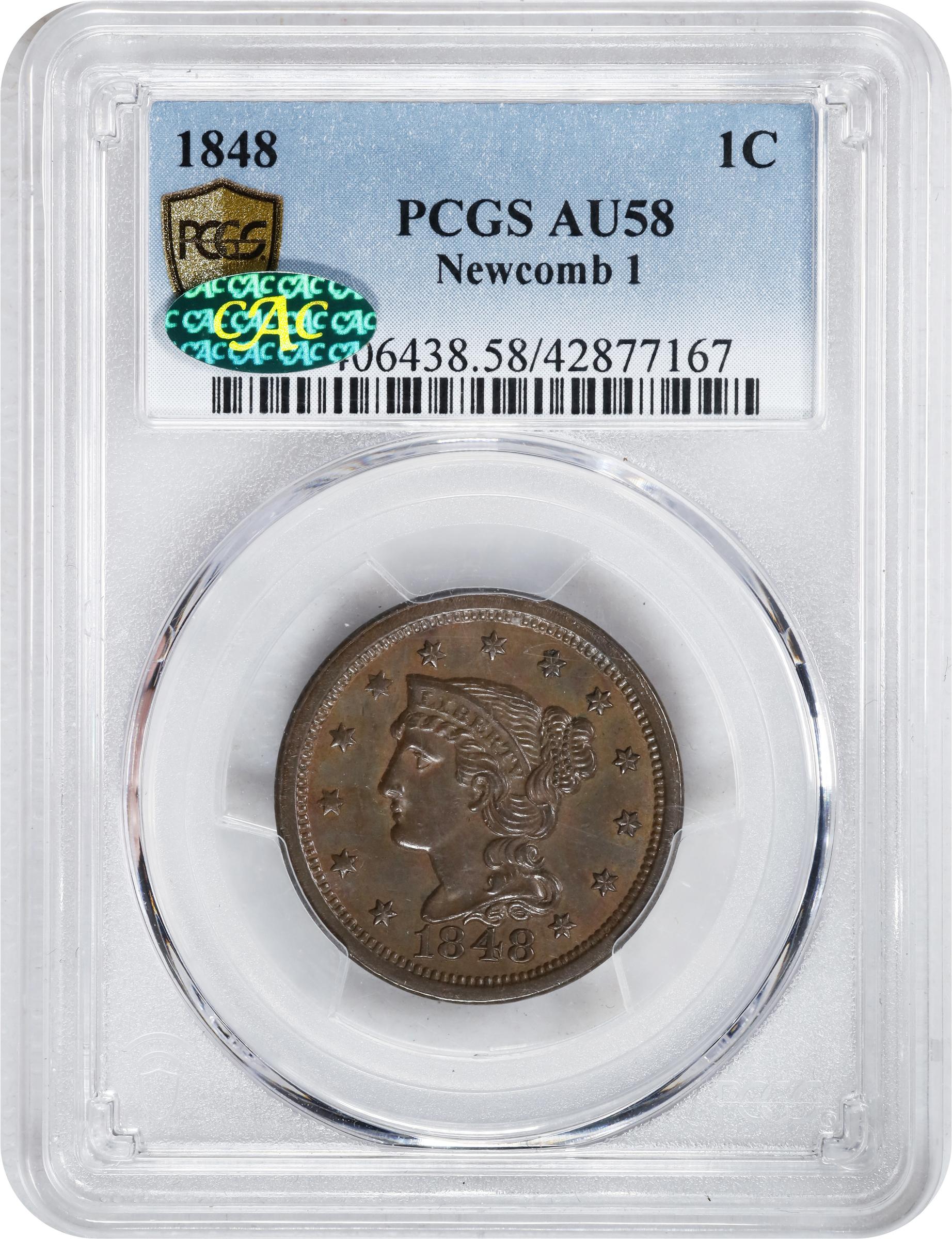 image for: 1848 Braided Hair Cent. N-1. Rarity-1. AU-58 (PCGS). CAC.