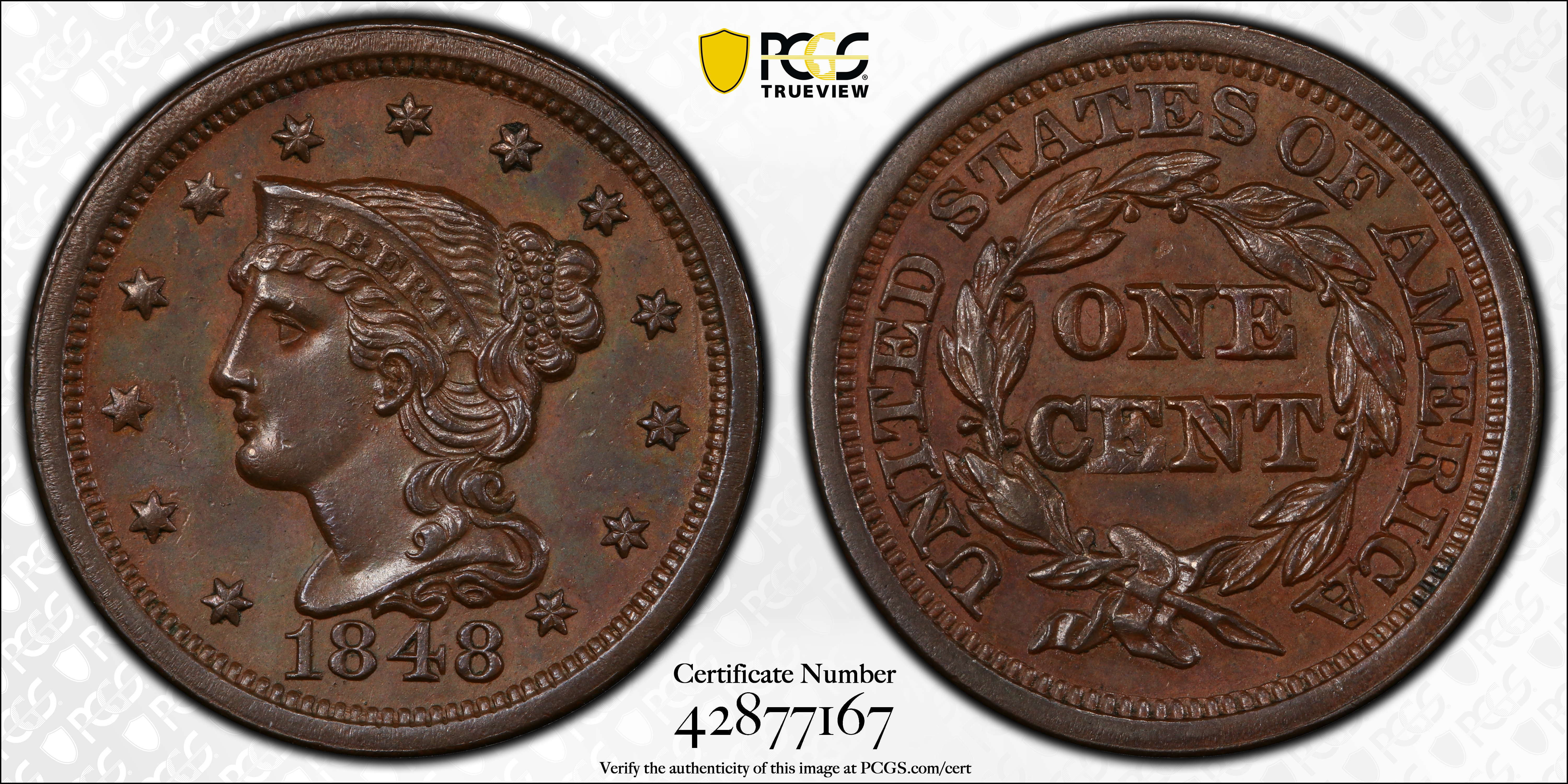 image for: 1848 Braided Hair Cent. N-1. Rarity-1. AU-58 (PCGS). CAC.