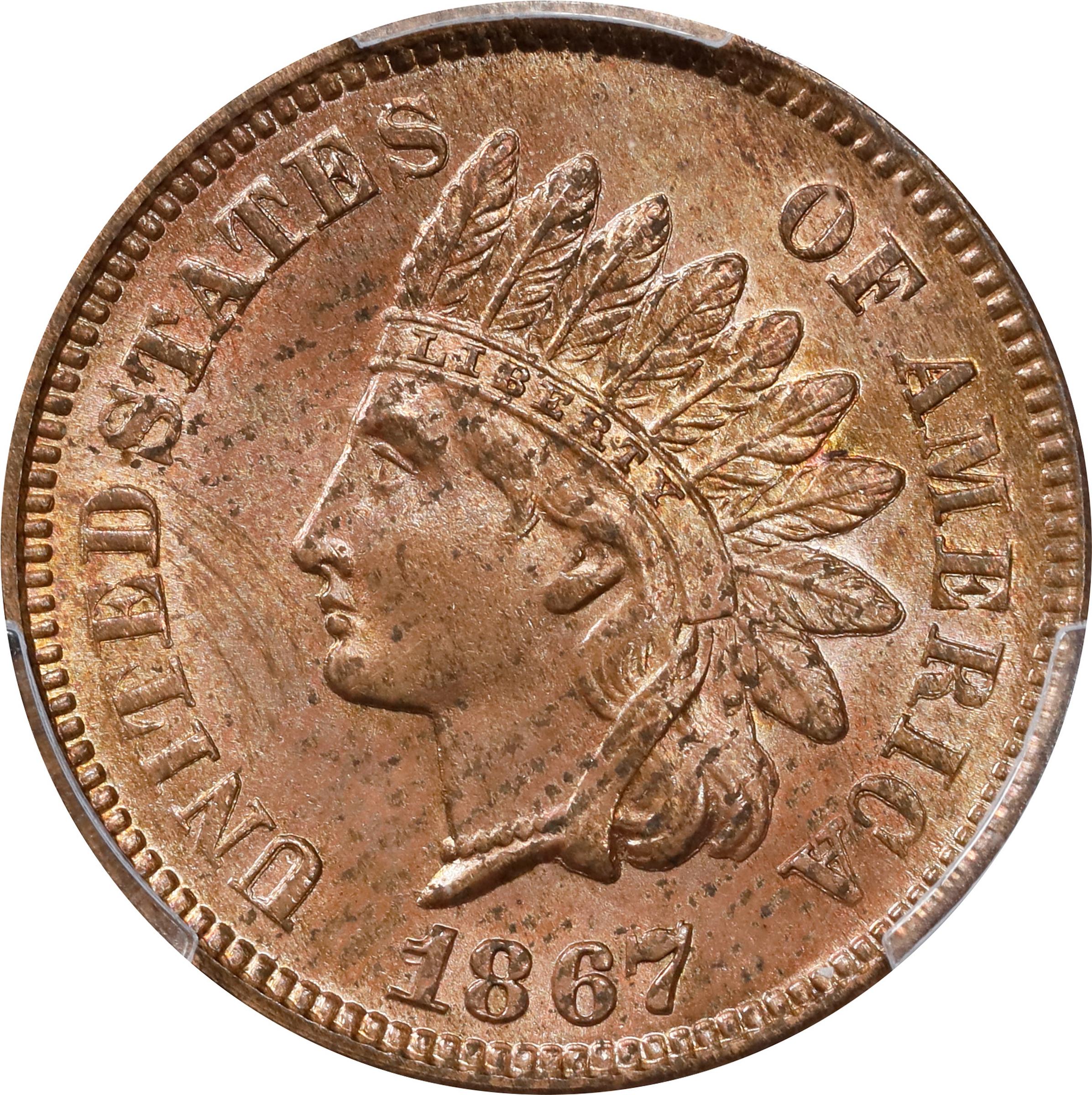 image for: 1867 Indian Cent. Snow-2, FS-303. Repunched Date. Unc Details--Questionable Color (PCGS).
