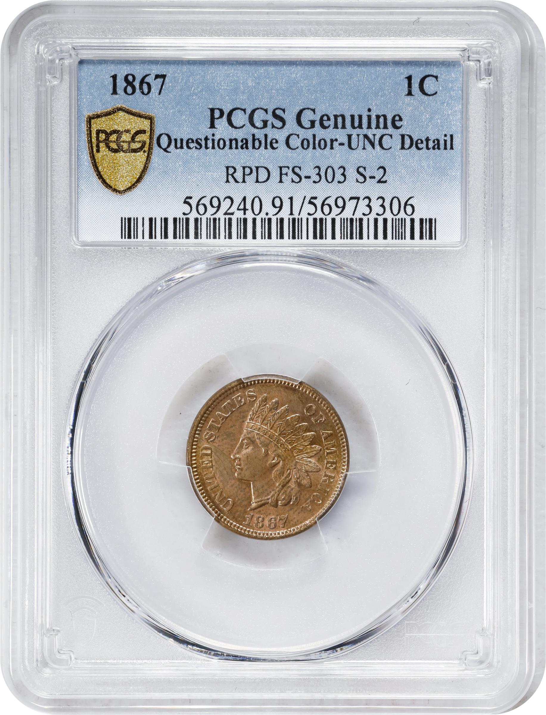 image for: 1867 Indian Cent. Snow-2, FS-303. Repunched Date. Unc Details--Questionable Color (PCGS).
