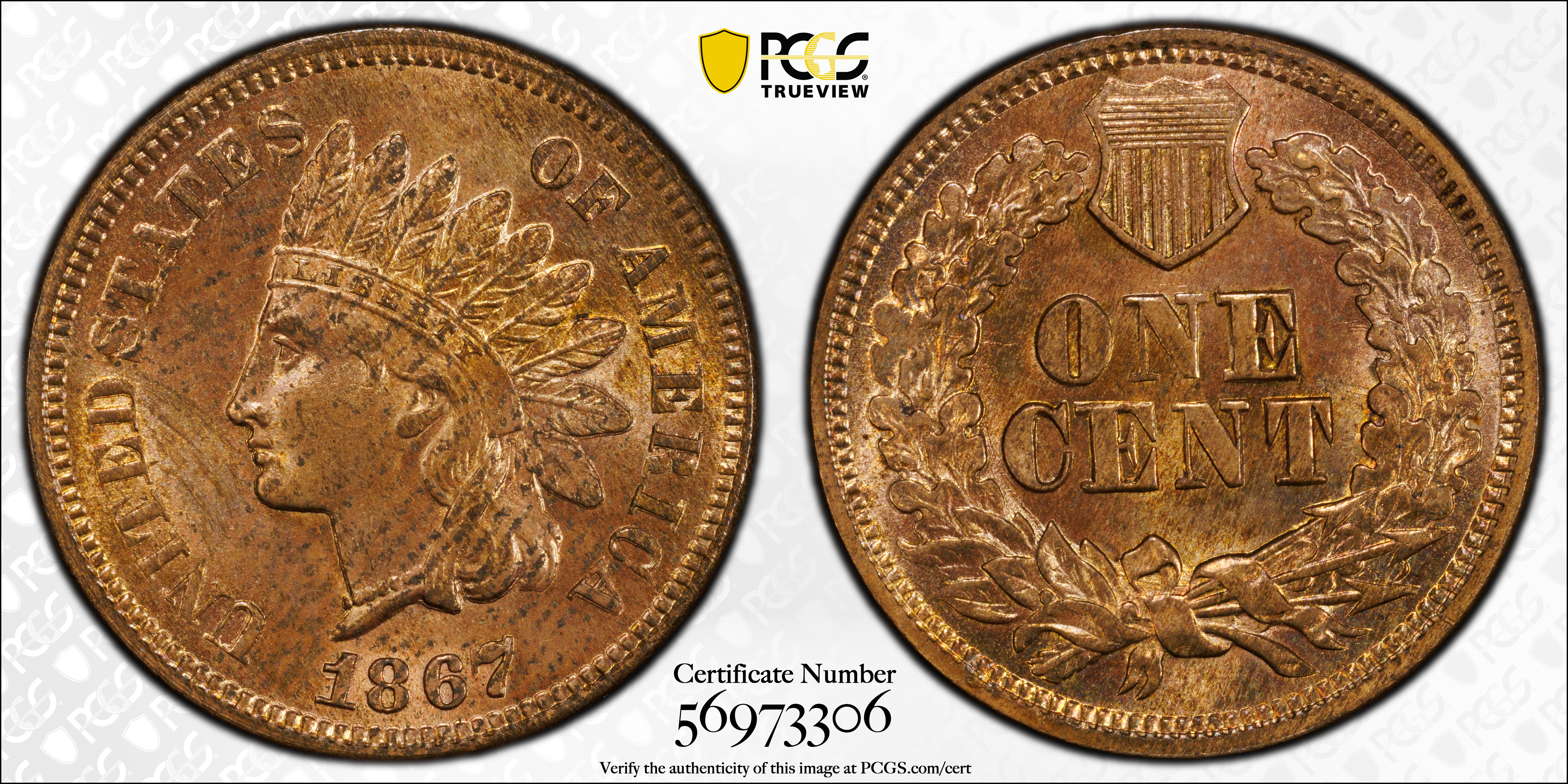 image for: 1867 Indian Cent. Snow-2, FS-303. Repunched Date. Unc Details--Questionable Color (PCGS).