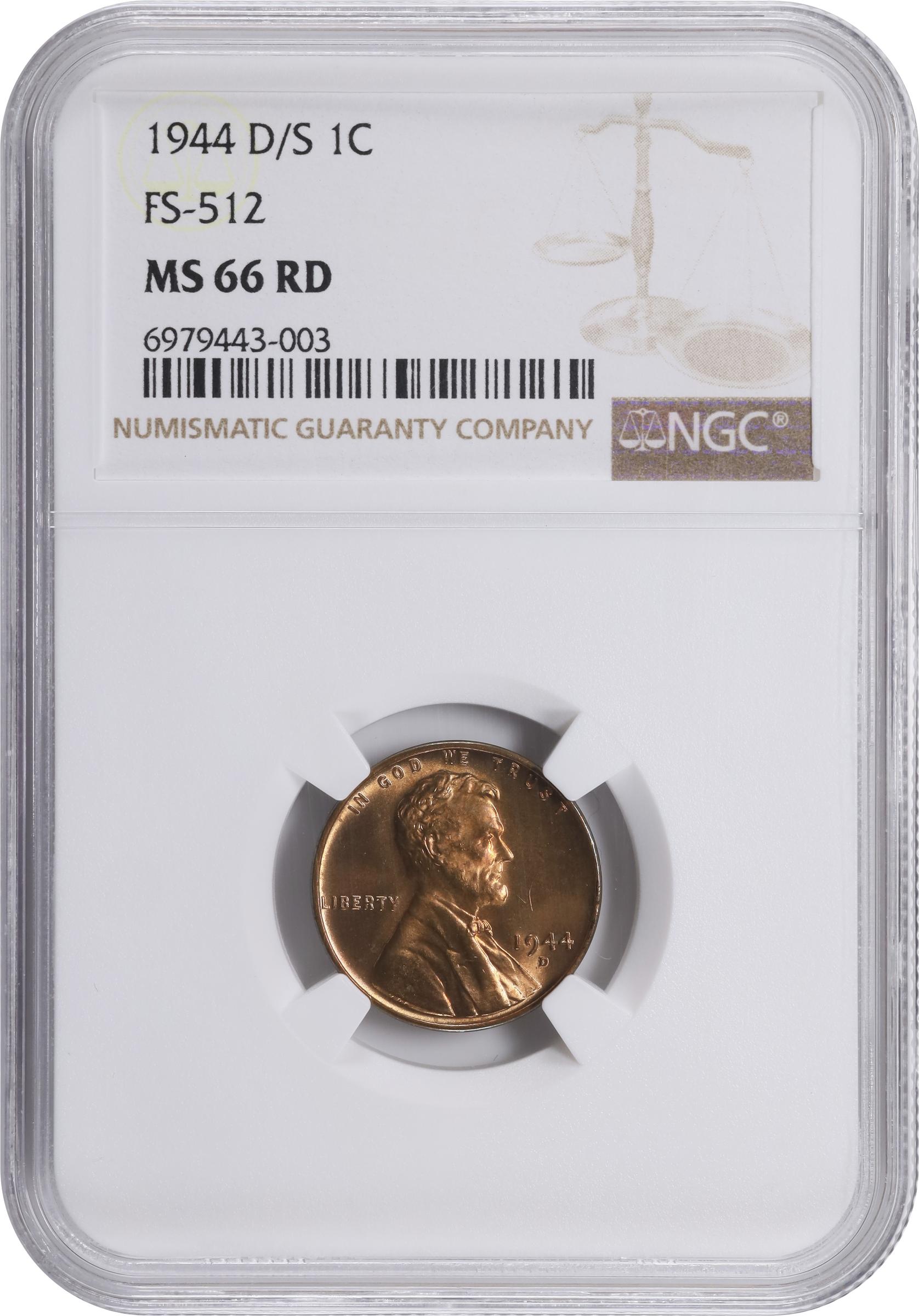 image for: 1944-D/S Lincoln Cent. FS-512. MS-66 RD (NGC).