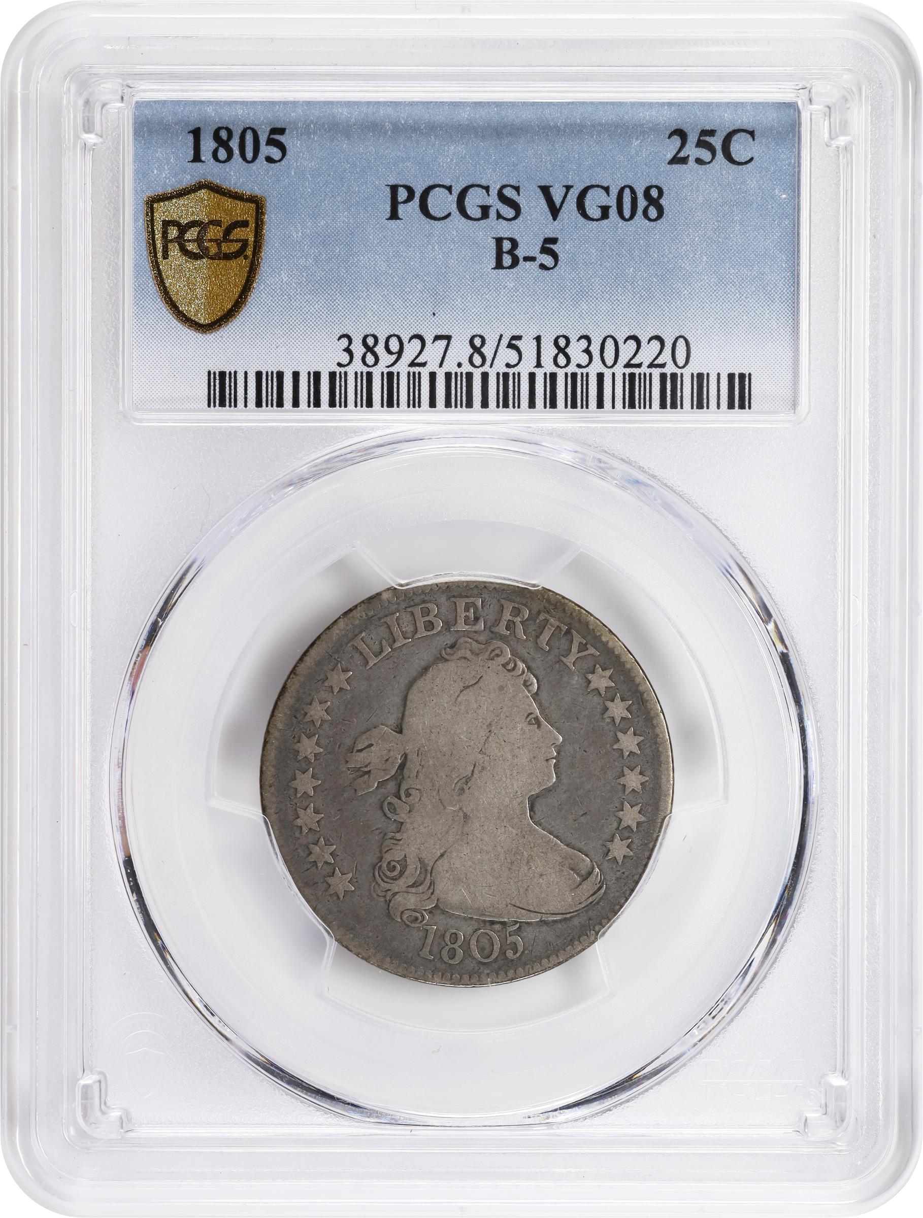 image for: 1805 Draped Bust Quarter. B-5. Rarity-5-. VG-8 (PCGS).