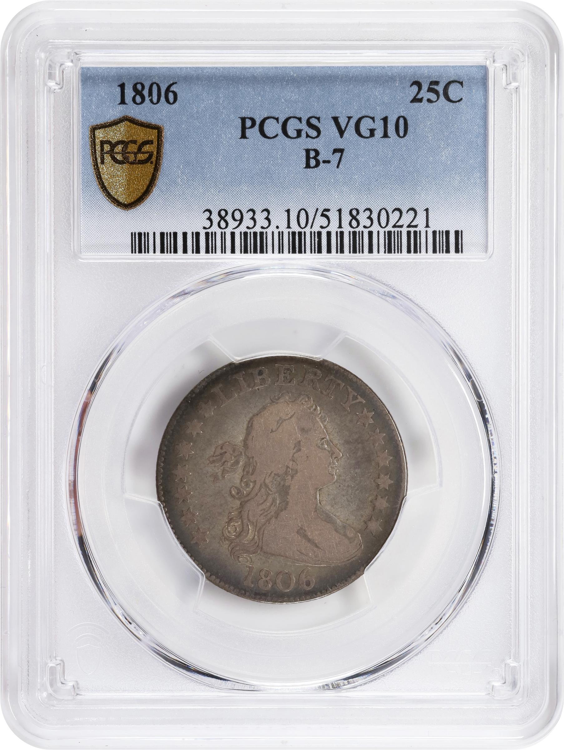 image for: 1806 Draped Bust Quarter. B-7. Rarity-5. VG-10 (PCGS).
