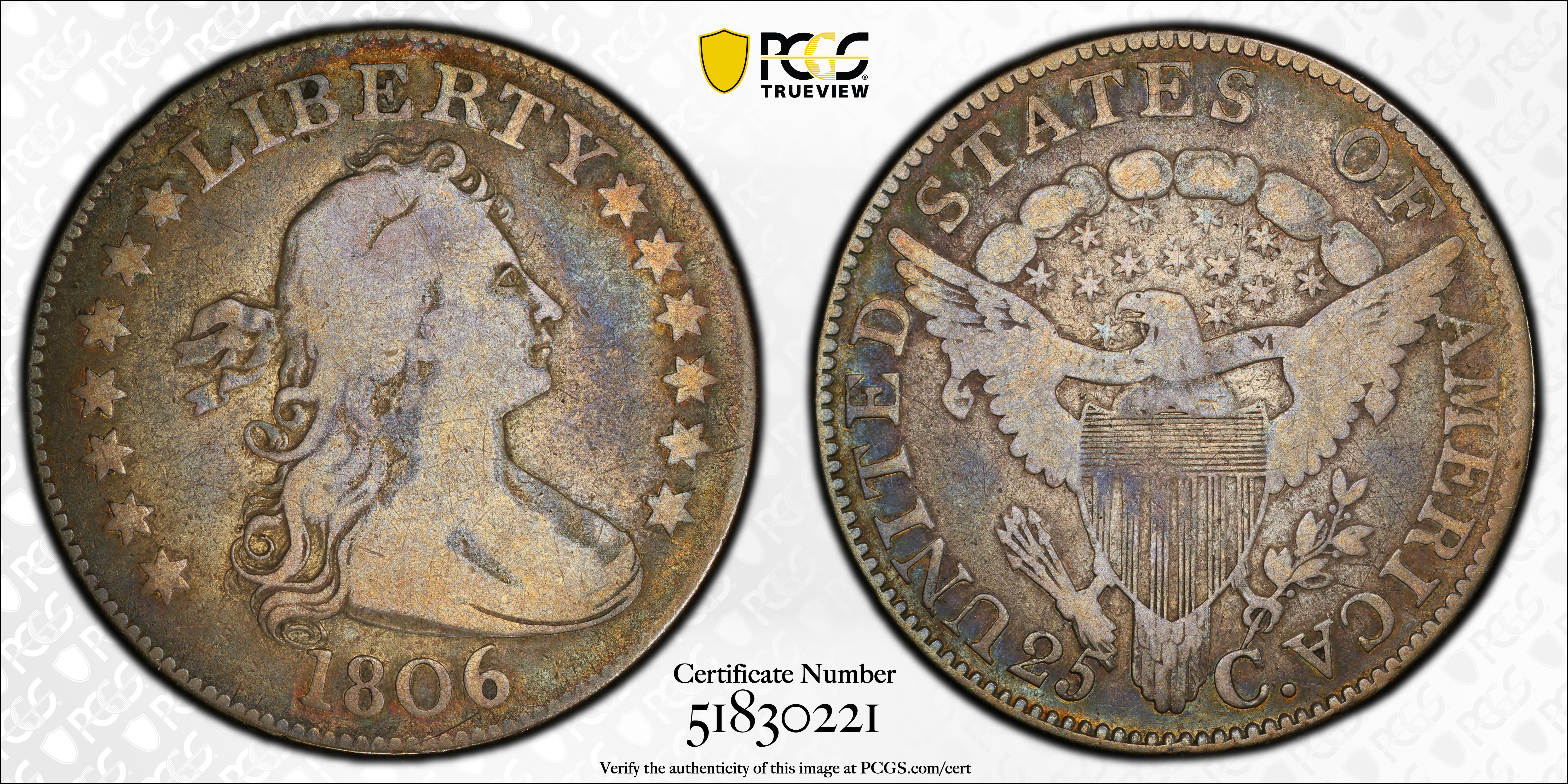 image for: 1806 Draped Bust Quarter. B-7. Rarity-5. VG-10 (PCGS).