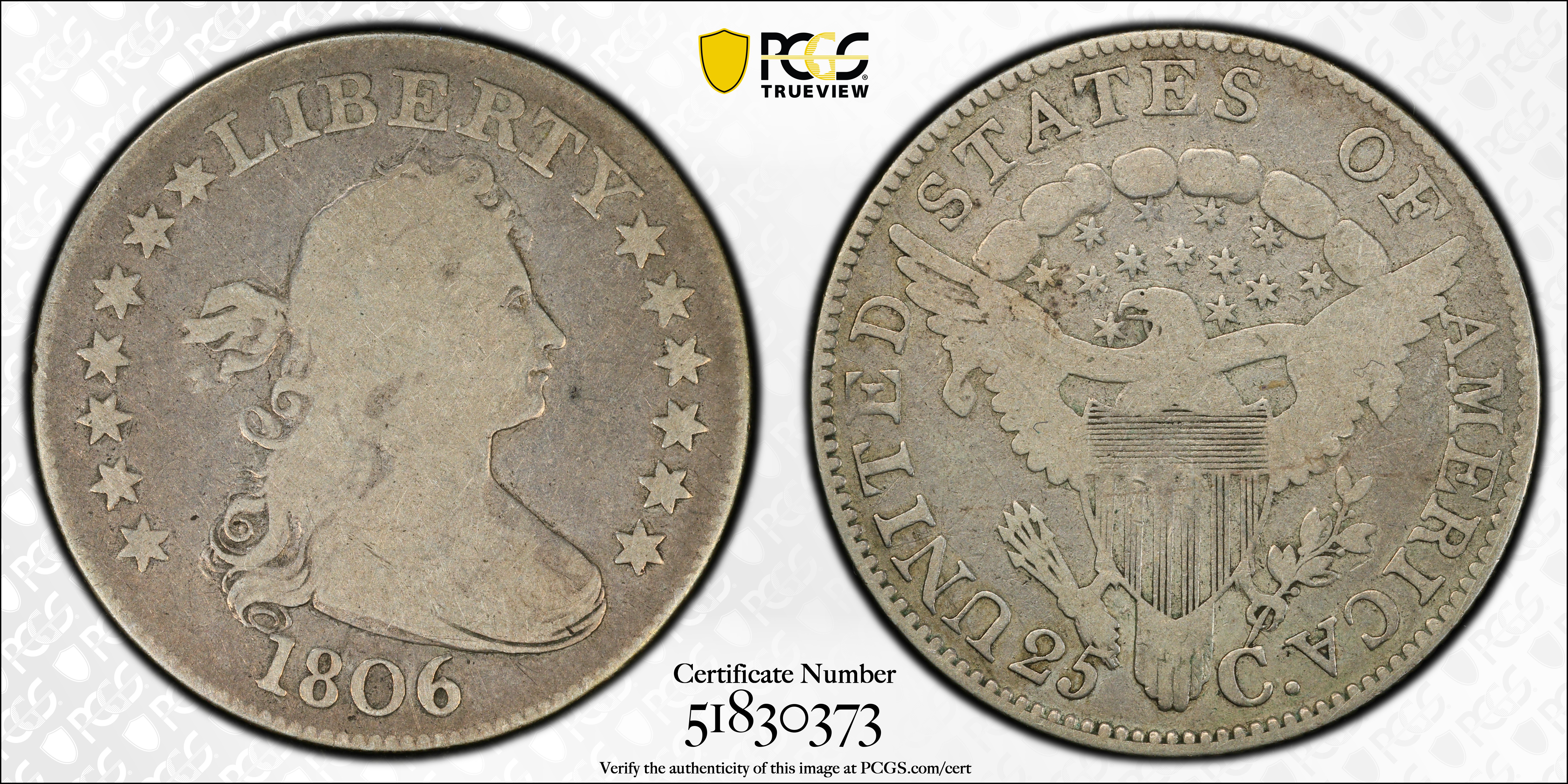 image for: 1806 Draped Bust Quarter. B-7. Rarity-5. Good-6 (PCGS).