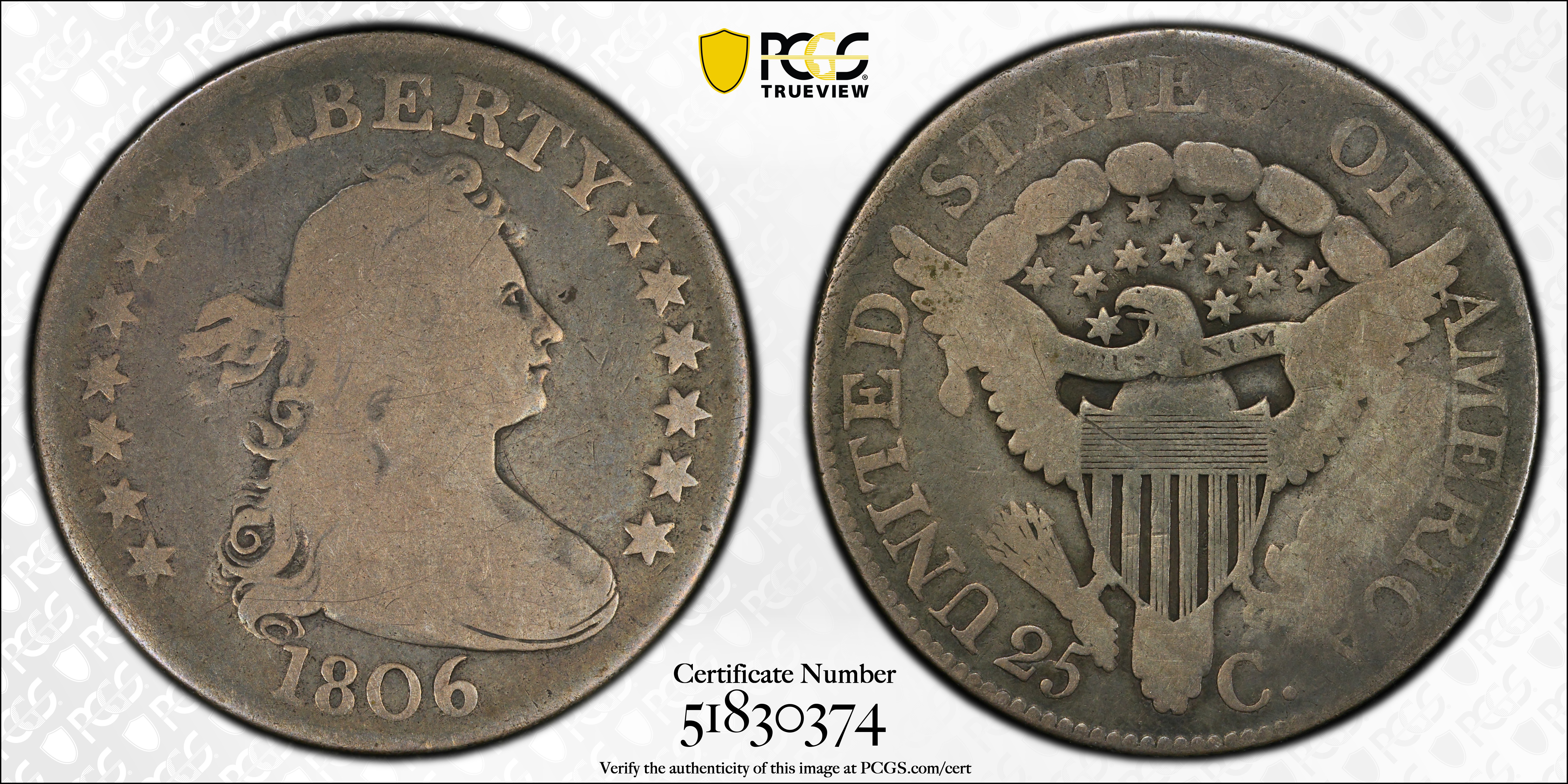 image for: 1806 Draped Bust Quarter. B-10. Rarity-5. Good-4 (PCGS).