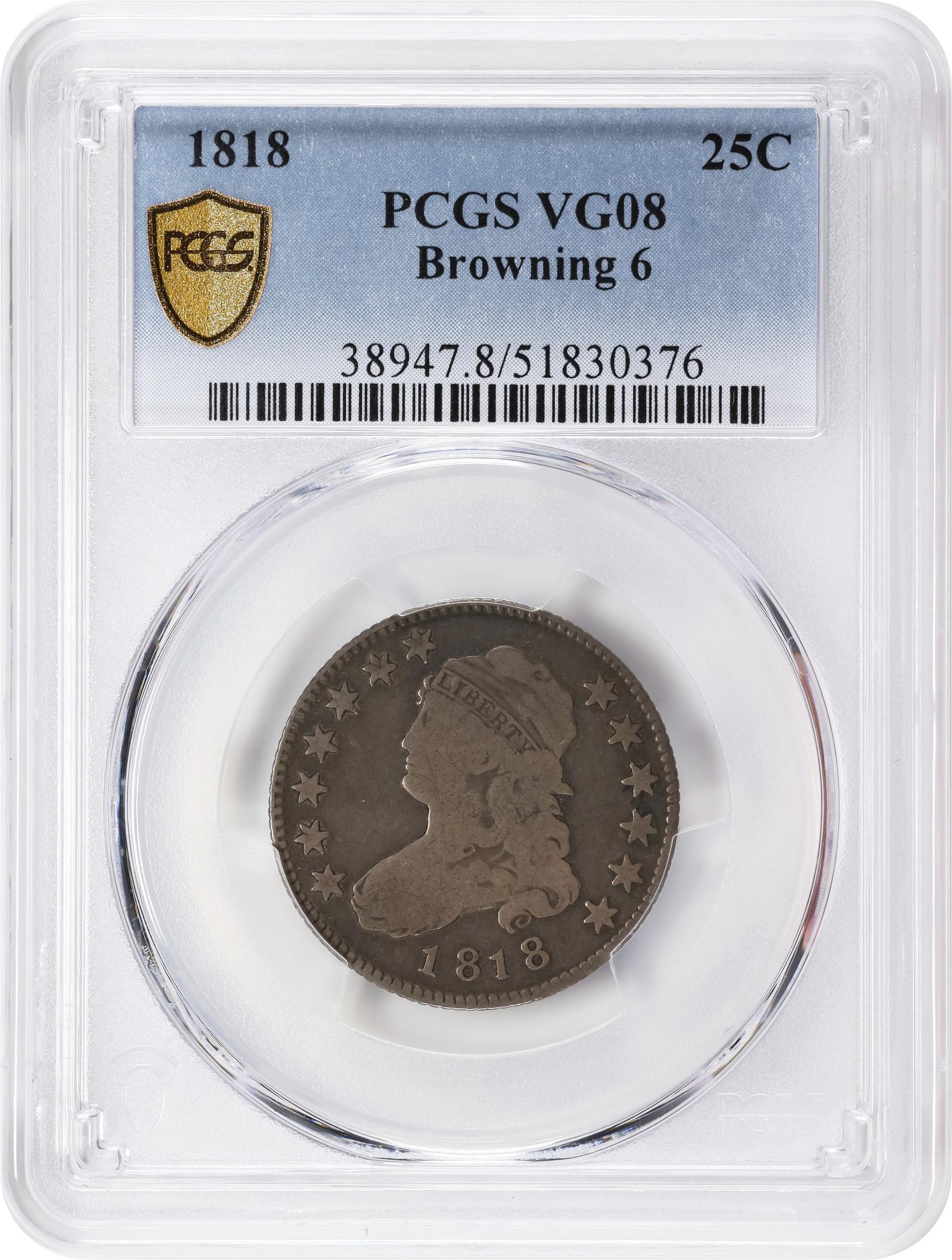 image for: 1818 Capped Bust Quarter. B-6. Rarity-4+. VG-8 (PCGS).