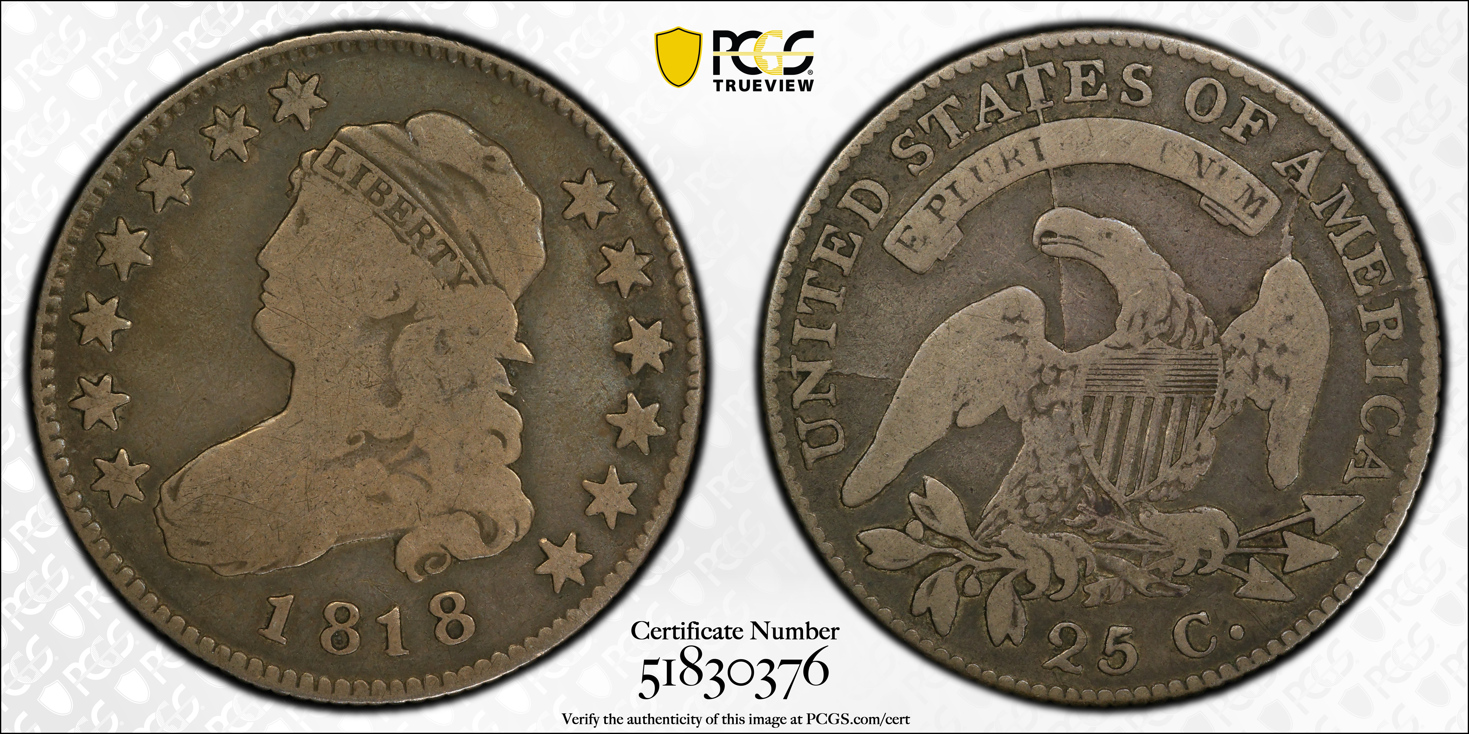 image for: 1818 Capped Bust Quarter. B-6. Rarity-4+. VG-8 (PCGS).