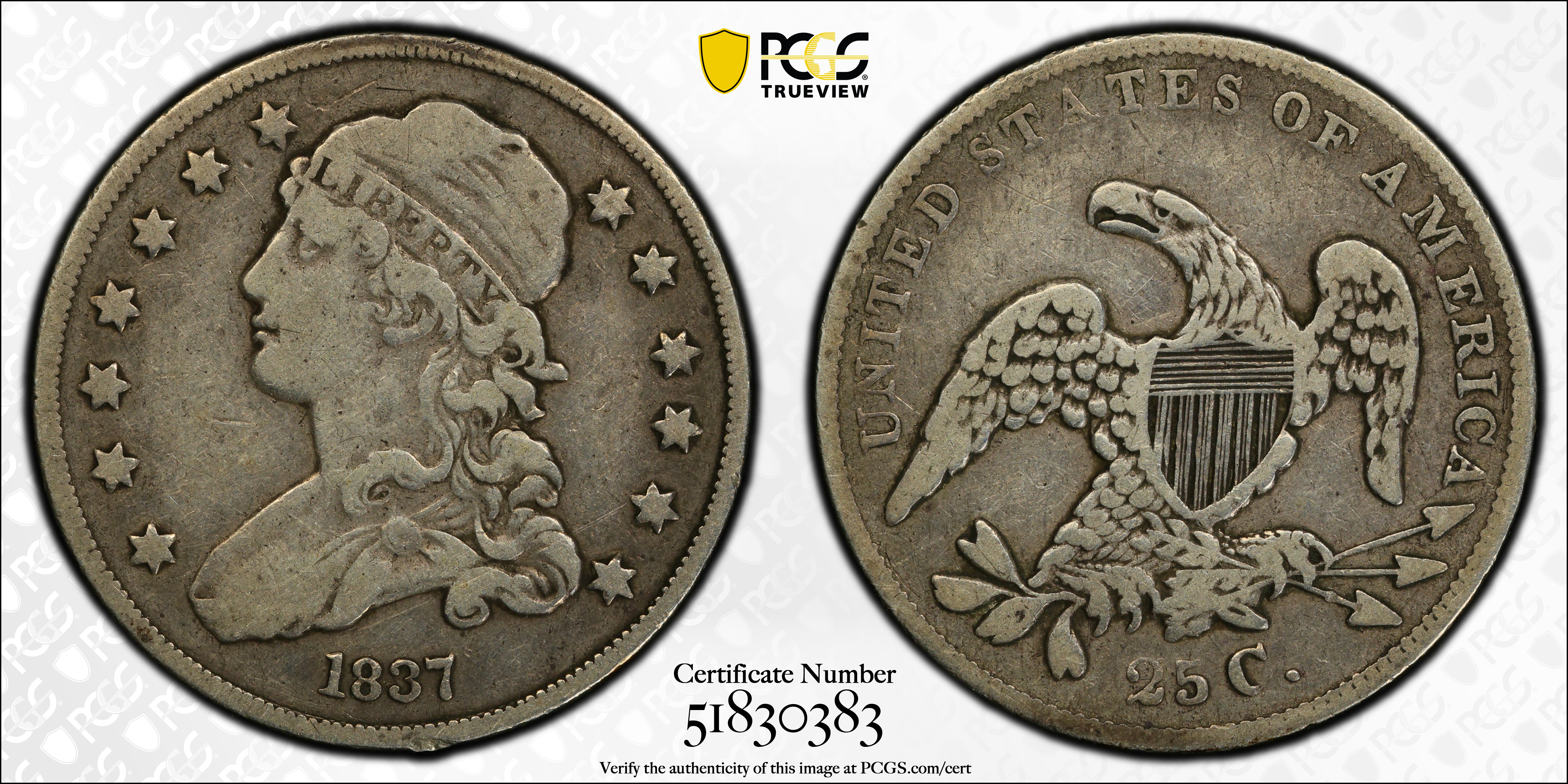 image for: 1837 Capped Bust Quarter. B-5. Rarity-5. VF-20 (PCGS).