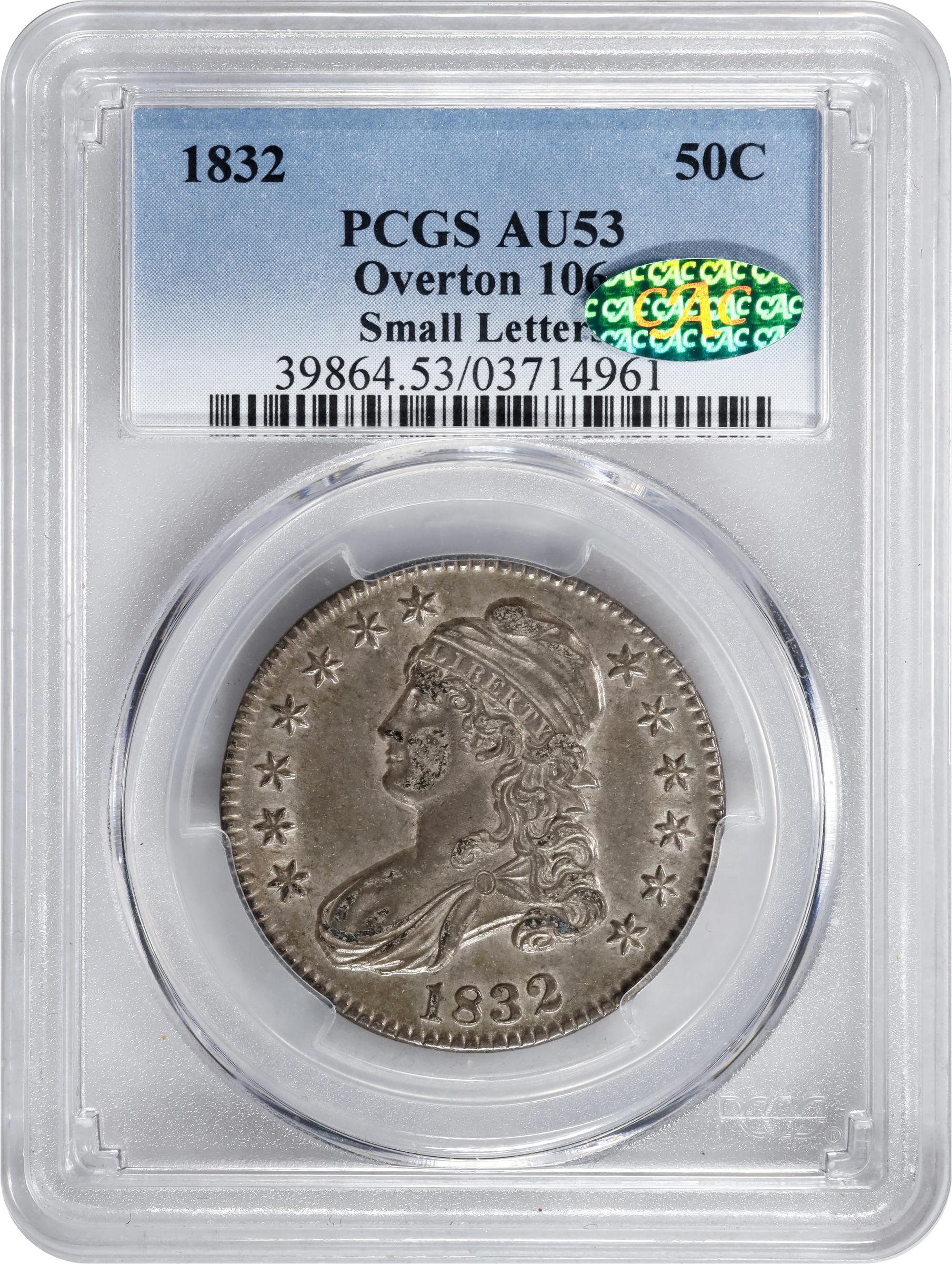 image for: 1832 Capped Bust Half Dollar. O-106. Rarity-1. Small Letters. AU-53 (PCGS). CAC.