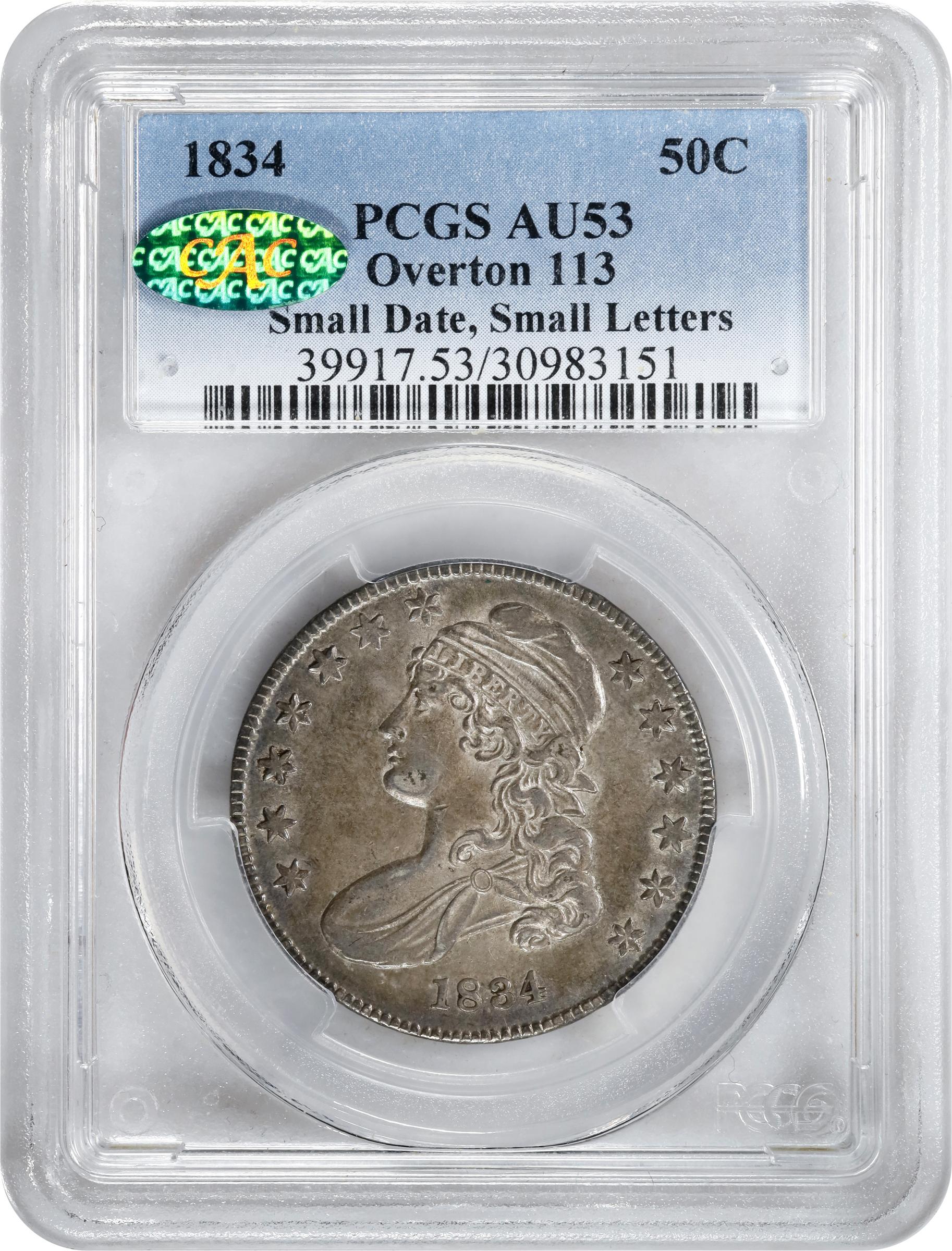 image for: 1834 Capped Bust Half Dollar. O-113. Rarity-1. Small Date, Small Letters. AU-53 (PCGS). CAC.