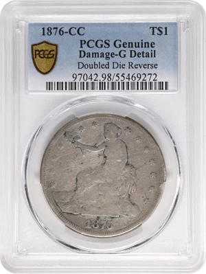 image for: 1876-CC Trade Dollar. Type I/I. FS-801. Tall CC. Doubled Die Reverse. Good Details--Damage (PCGS).