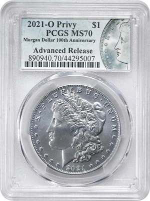 image for: 2021 Silver Dollar Anniversary Coin. Morgan. O Privy Mark. Advance Release. MS-70 (PCGS).