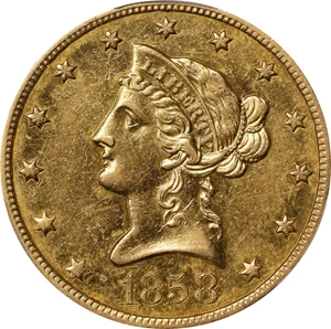 image for: 1858-O Liberty Head Eagle. Winter-1. AU Details--Harshly Cleaned (PCGS).