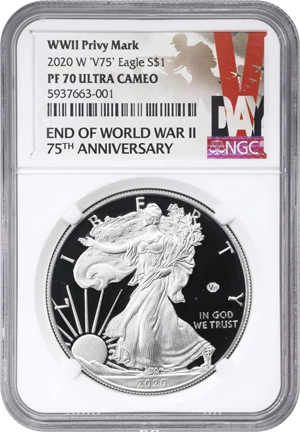image for: 2020-W Silver Eagle. 75th Anniversary of the End of World War II V75 Privy Mark. Proof-70 Deep Cameo (NGC).