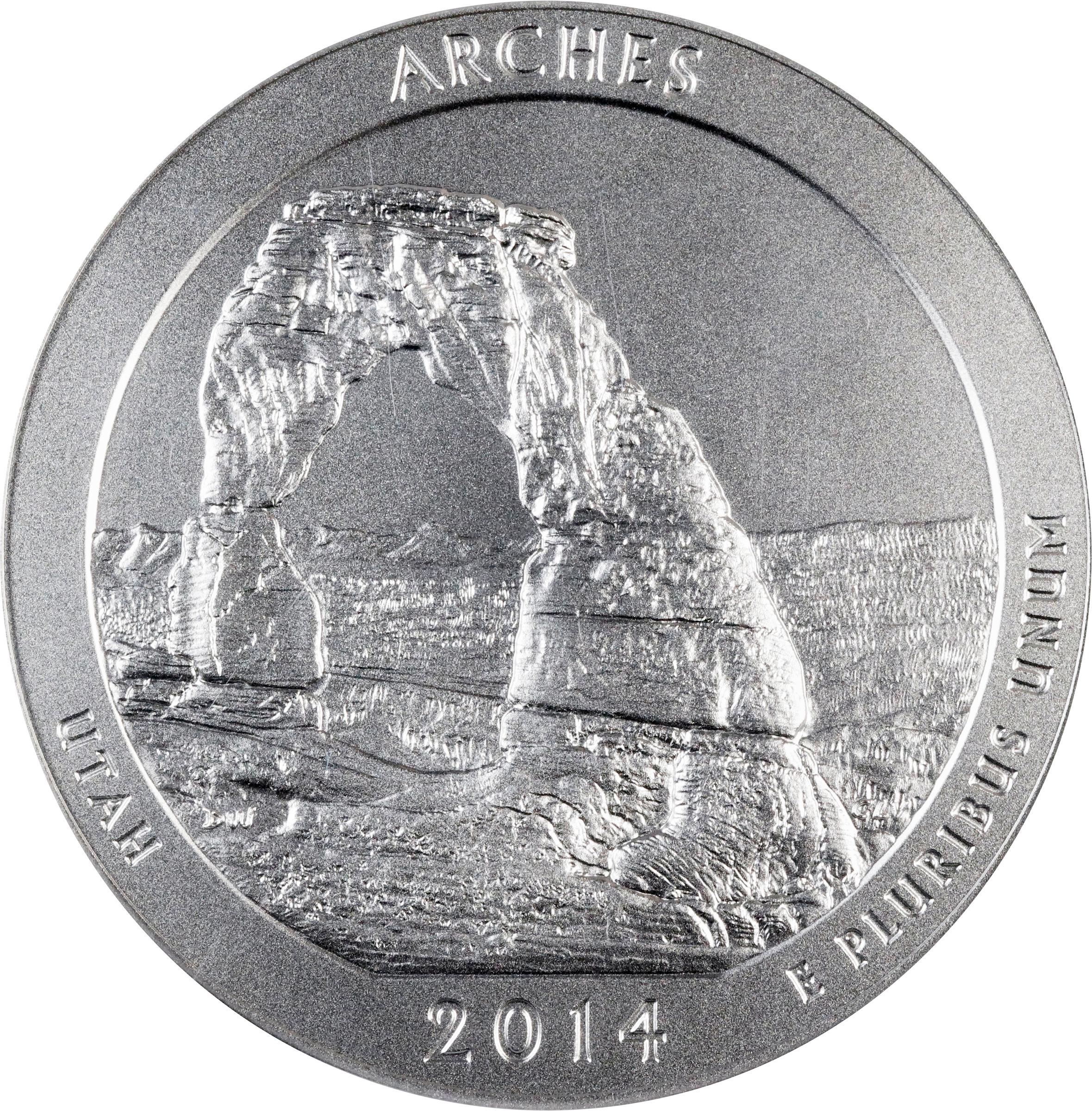 image for: 2014-P America the Beautiful Silver Bullion Coin. Arches National Park. First Strike. Specimen-70 (PCGS). 12th Chief Mint Engraver John M. Mercanti Signature.