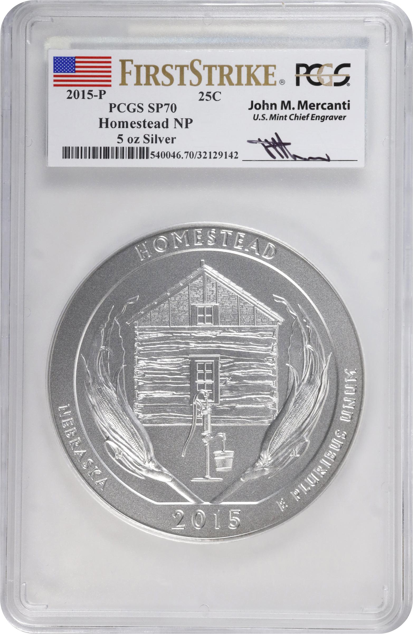 image for: 2015-P America the Beautiful Silver Bullion Coin. Homestead National Monument of America. First Strike. Specimen-70 (PCGS). 12th Chief Mint Engraver John M. Mercanti Signature.