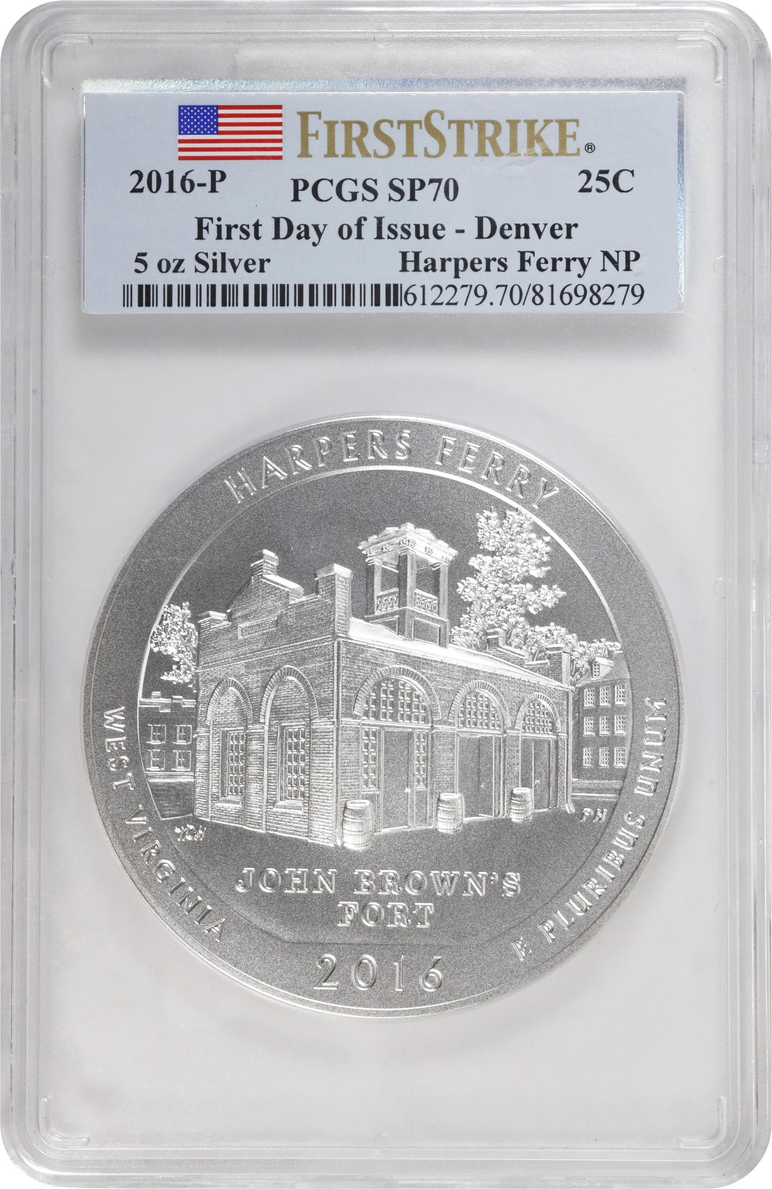 image for: 2016-P America the Beautiful Silver Bullion Coin. Harpers Ferry National Historic Park. First Day of Issue. Specimen-70 (PCGS).