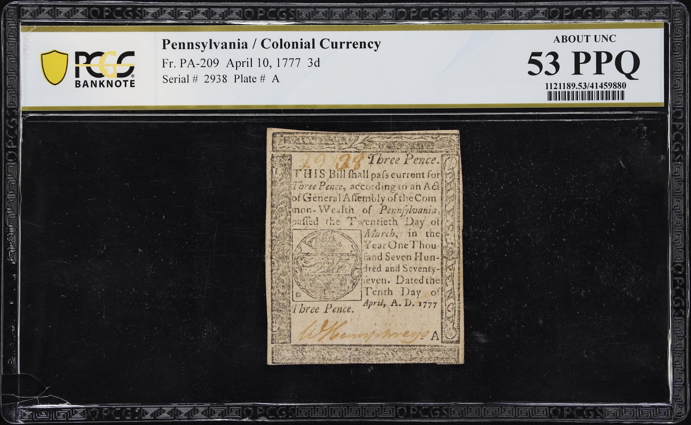 image for: PA-209. Pennsylvania. April 10, 1777. 3 Pence. PCGS Banknote About Uncirculated 53 PPQ.