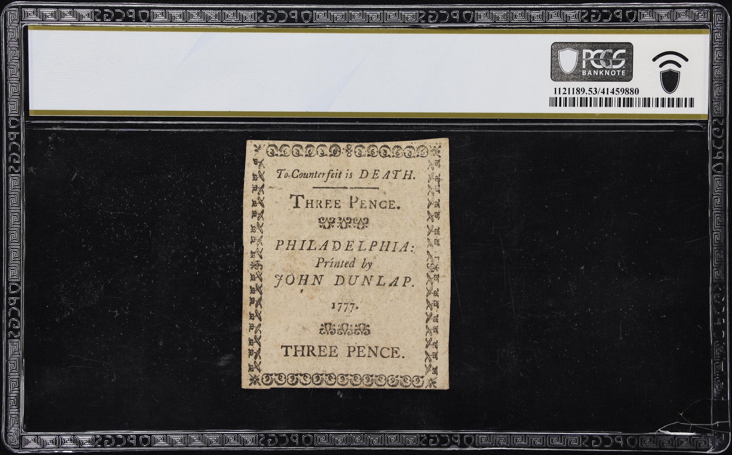 image for: PA-209. Pennsylvania. April 10, 1777. 3 Pence. PCGS Banknote About Uncirculated 53 PPQ.