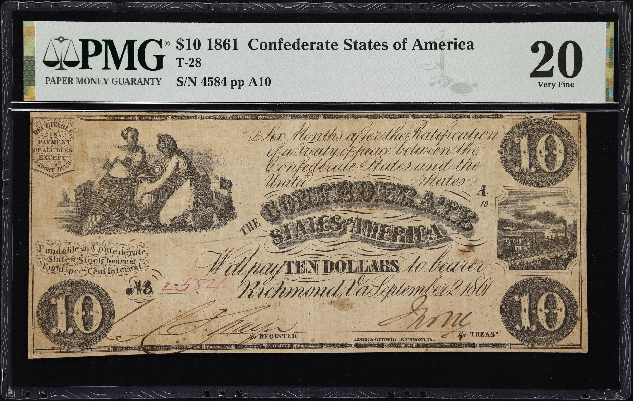image for: T-28. Confederate Currency. 1861 $10. PMG Very Fine 20.