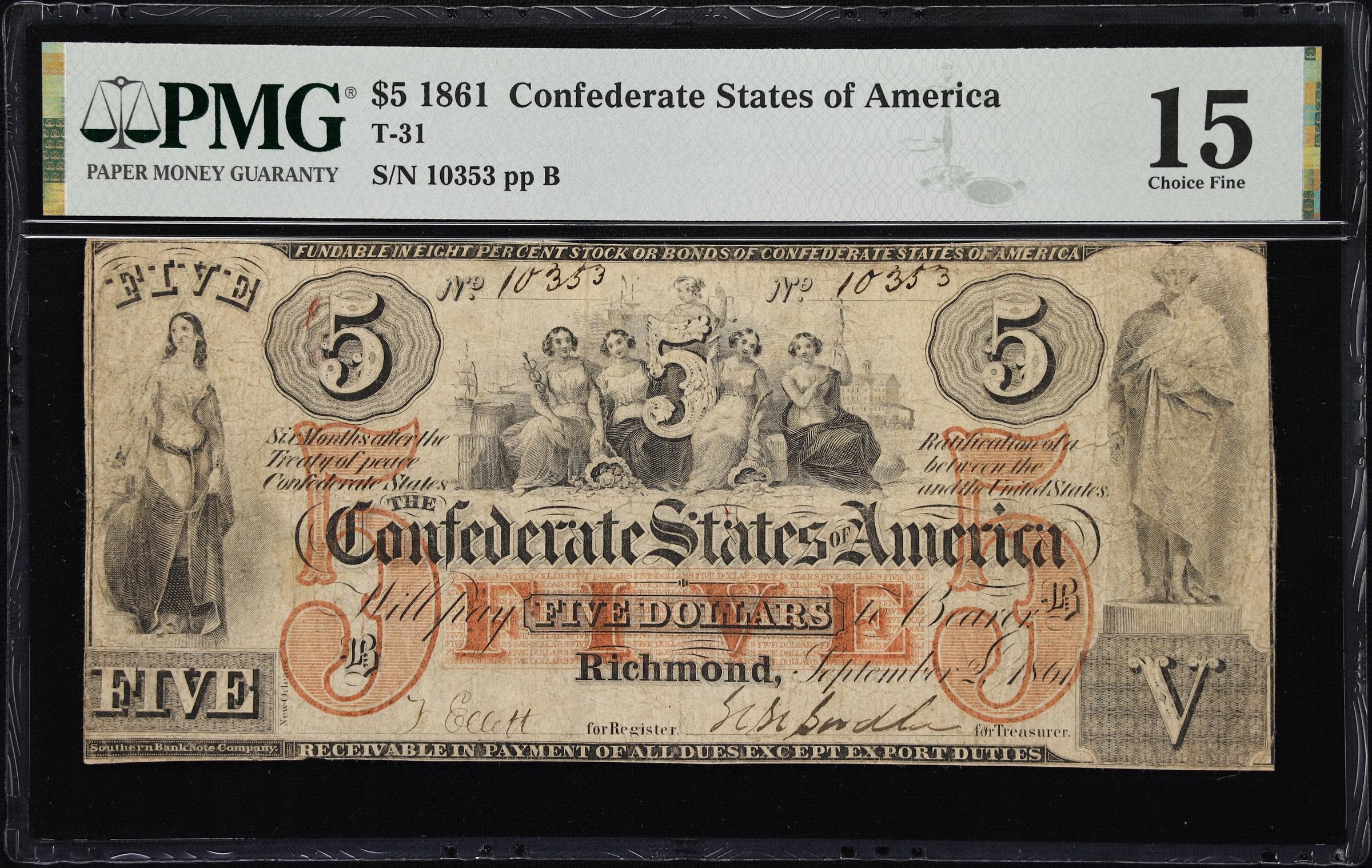 image for: T-31. Confederate Currency. 1861 $5. PMG Choice Fine 15.