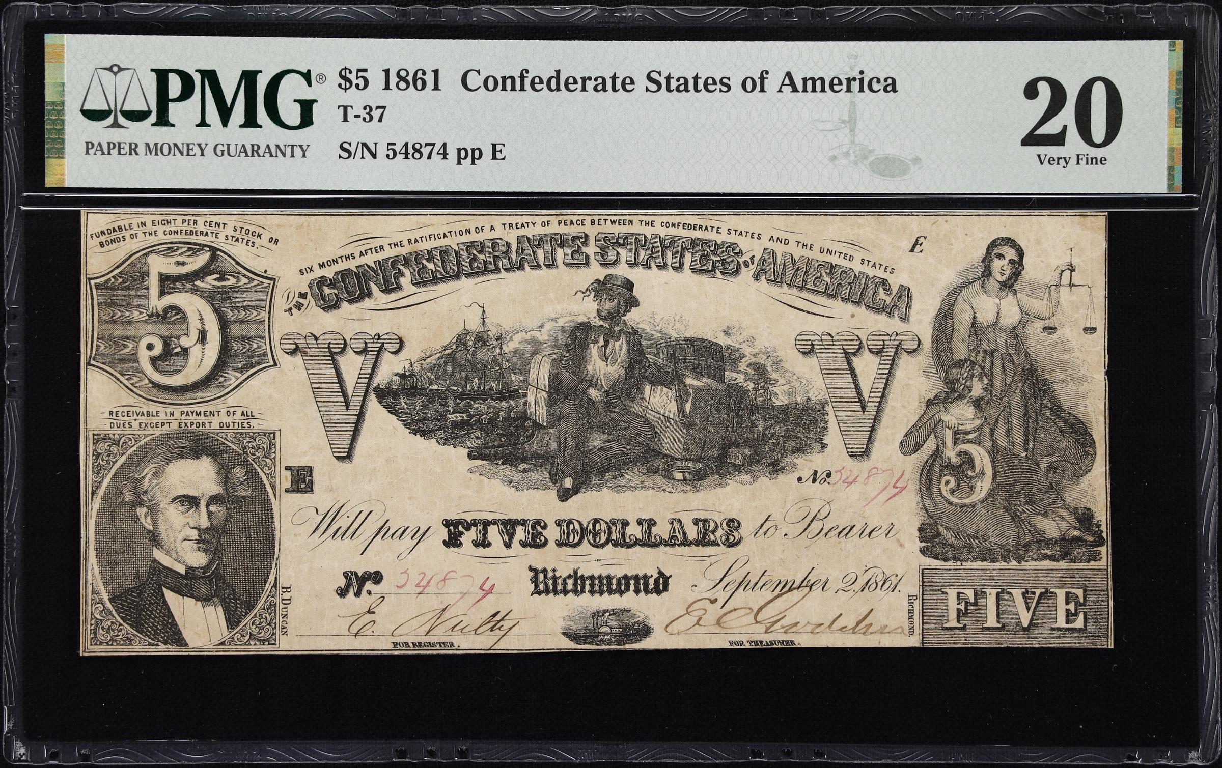 image for: T-37. Confederate Currency. 1861 $5. PMG Very Fine 20.