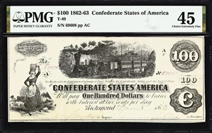 image for: T-40. Confederate Currency. 1863 $100. PMG Choice Extremely Fine 45. Penned Military Endorsement.
