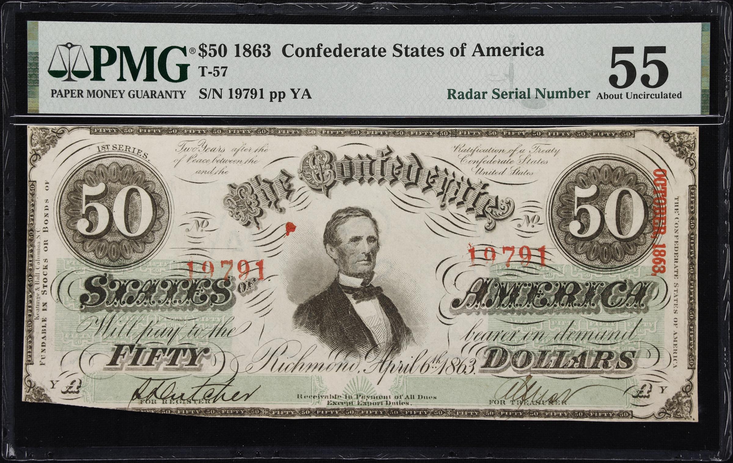 image for: T-57. Confederate Currency. 1863 $50. PMG About Uncirculated 55. Radar Serial Number.