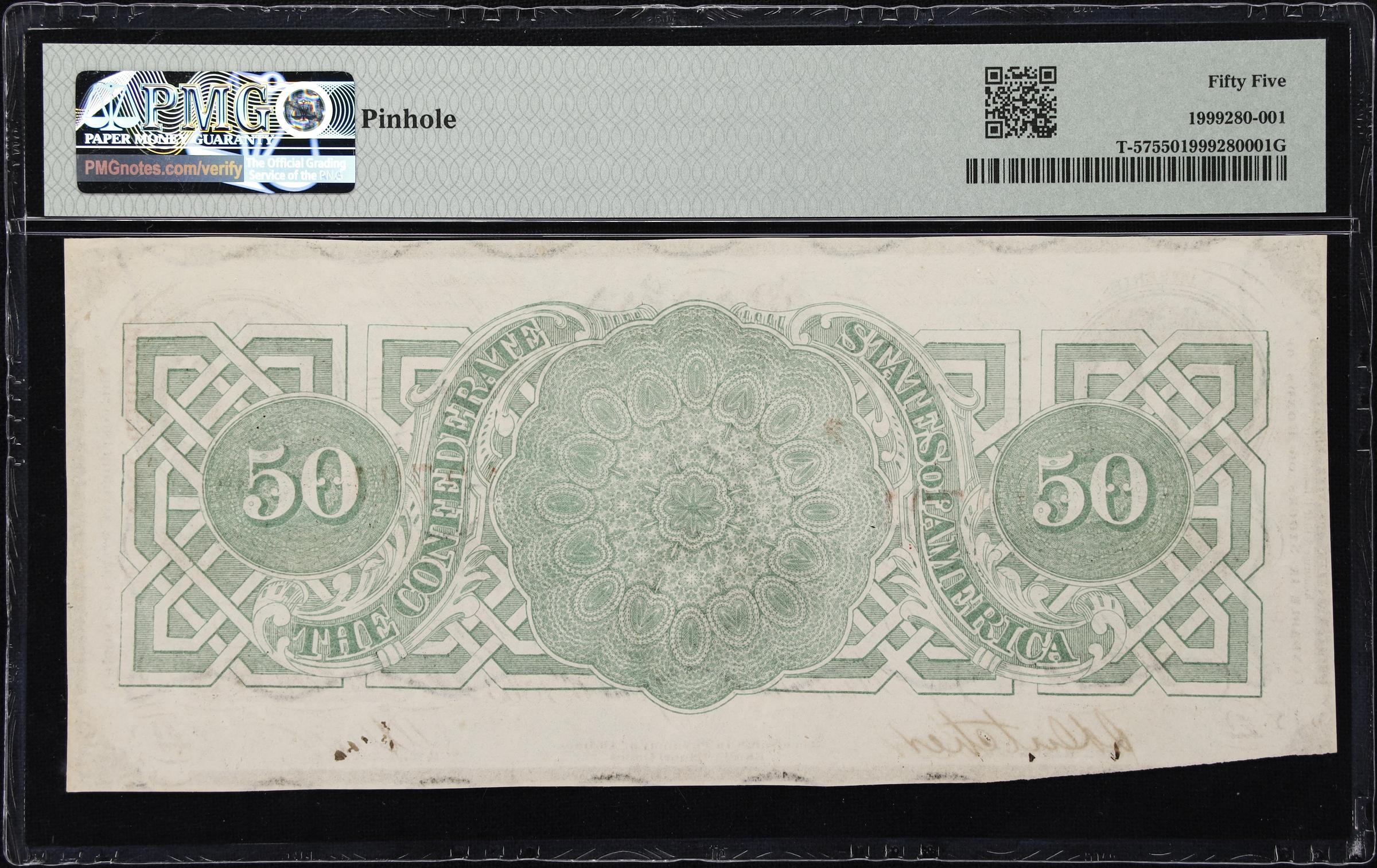 image for: T-57. Confederate Currency. 1863 $50. PMG About Uncirculated 55. Radar Serial Number.