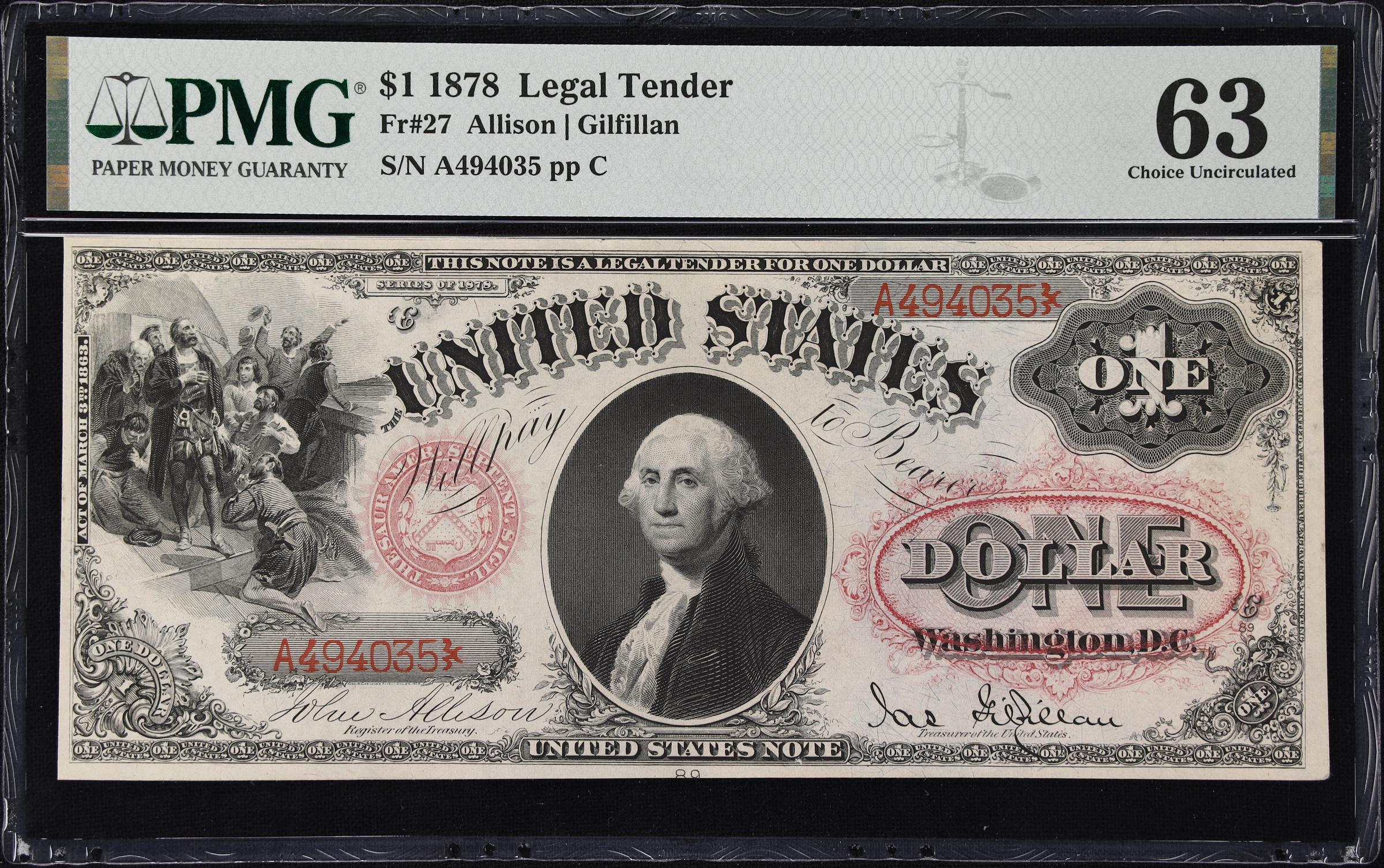 image for: Fr. 27. 1878 $1 Legal Tender Note. PMG Choice Uncirculated 63.