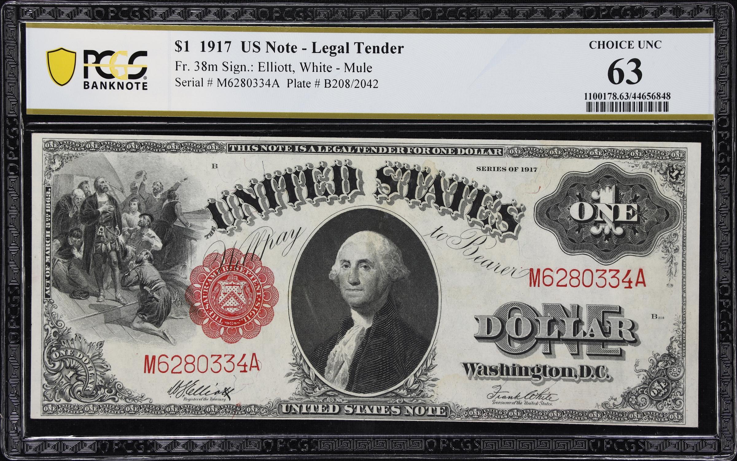 image for: Fr. 38m. 1917 $1 Legal Tender Note. Mule. PCGS Banknote Choice Uncirculated 63.