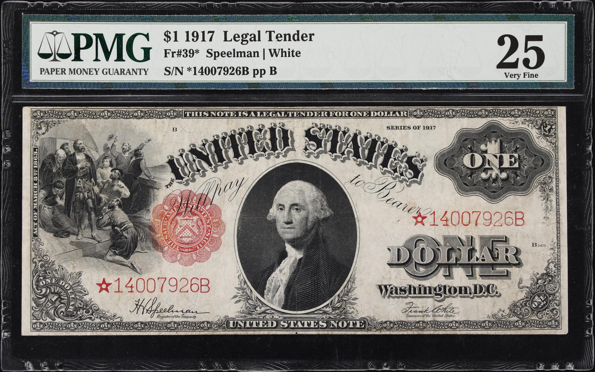 image for: Fr. 39*. 1917 $1 Legal Tender Star Note. PMG Very Fine 25.