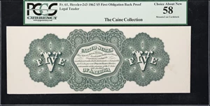 image for: Fr. 61. 1862 $5 Legal Tender Note. PCGS Currency Choice About New 58. First Obligation Back Proof.