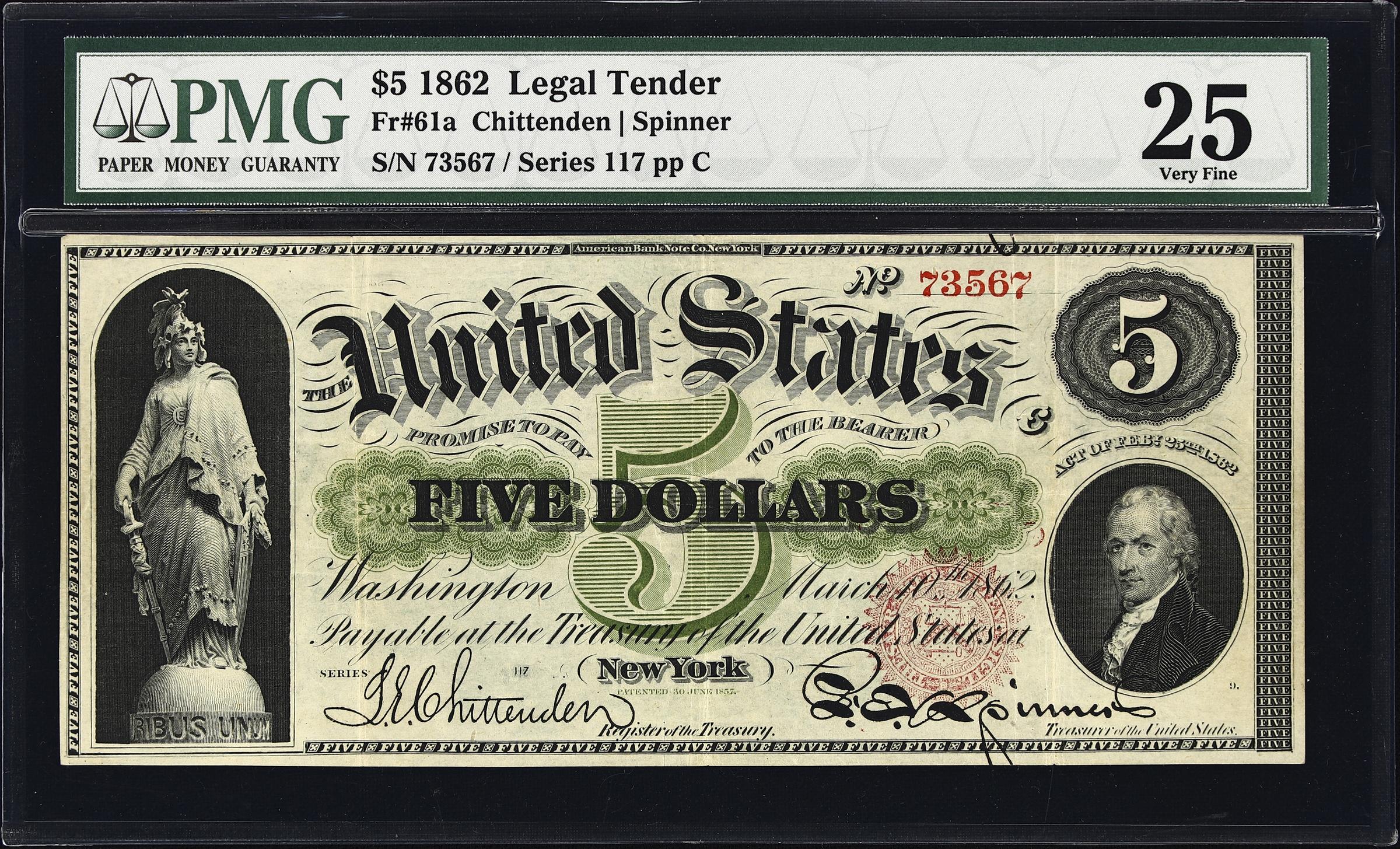 image for: Fr. 61a. 1862 $5 Legal Tender Note. PMG Very Fine 25.
