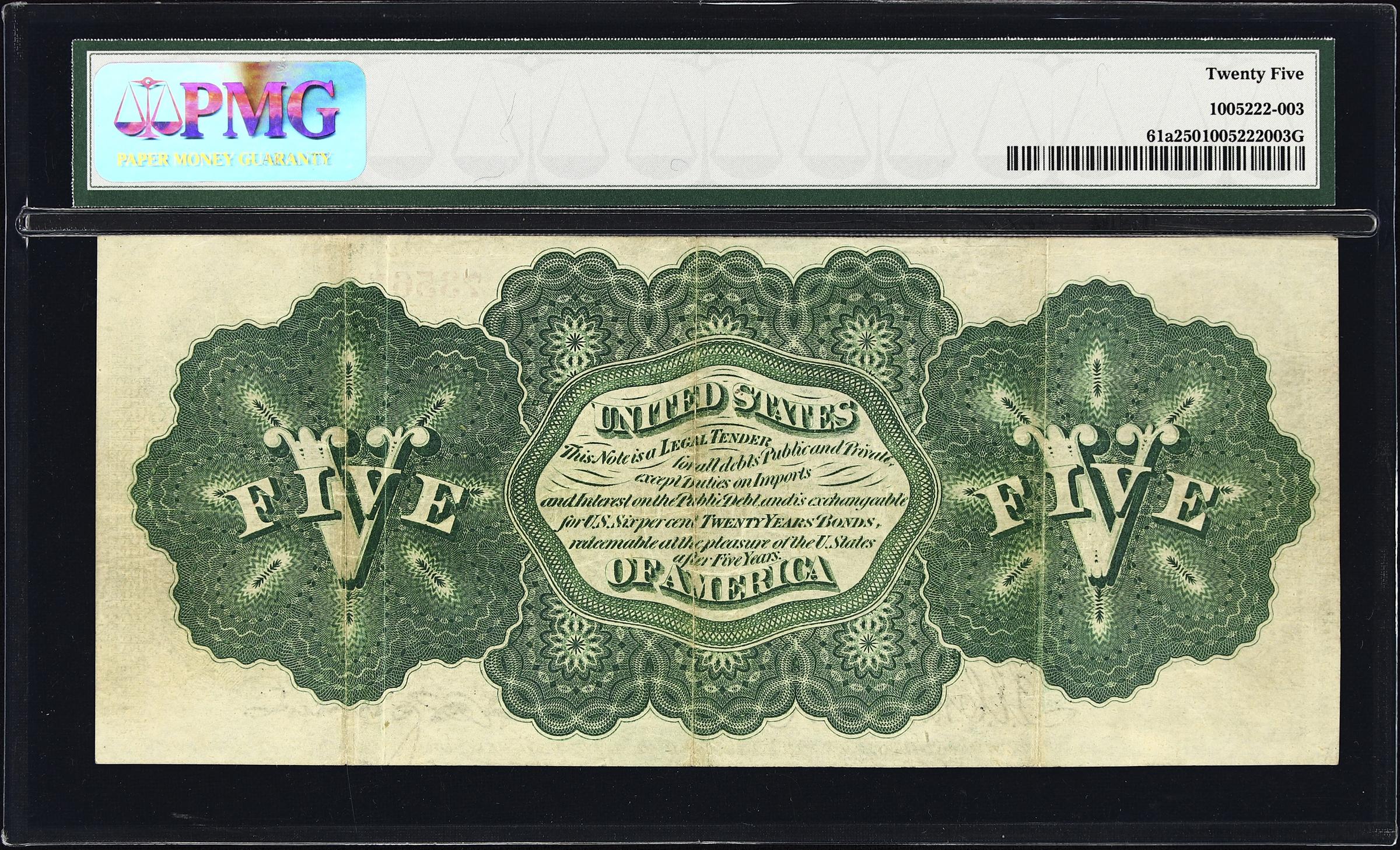 image for: Fr. 61a. 1862 $5 Legal Tender Note. PMG Very Fine 25.