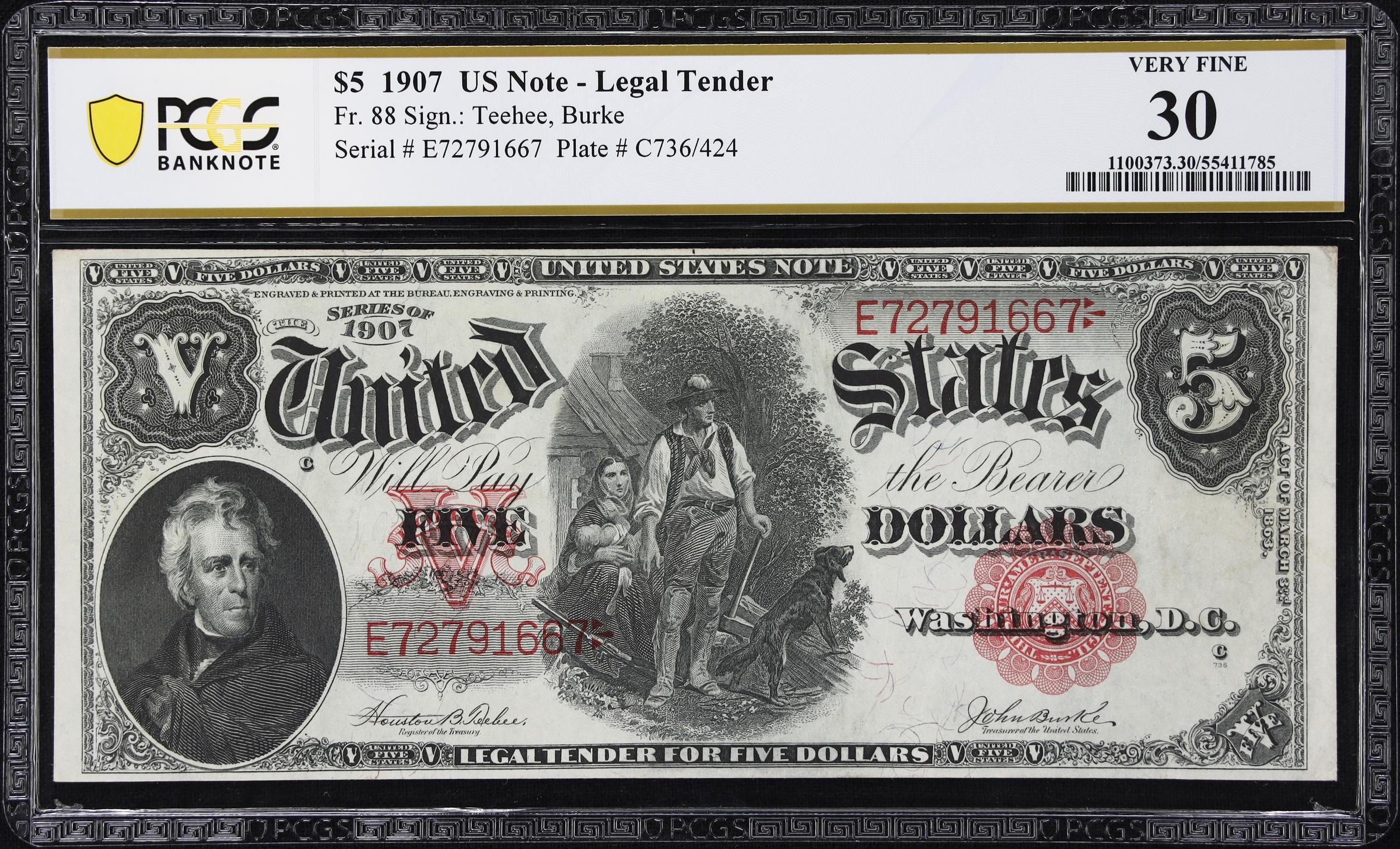 image for: Fr. 88. 1907 $5 Legal Tender Note. PCGS Banknote Very Fine 30.