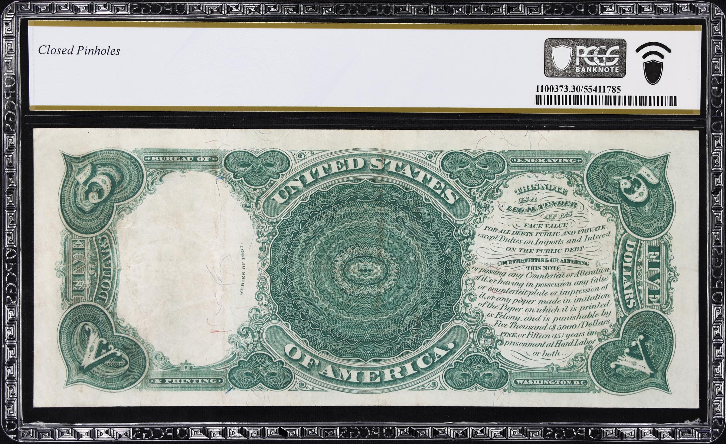 image for: Fr. 88. 1907 $5 Legal Tender Note. PCGS Banknote Very Fine 30.